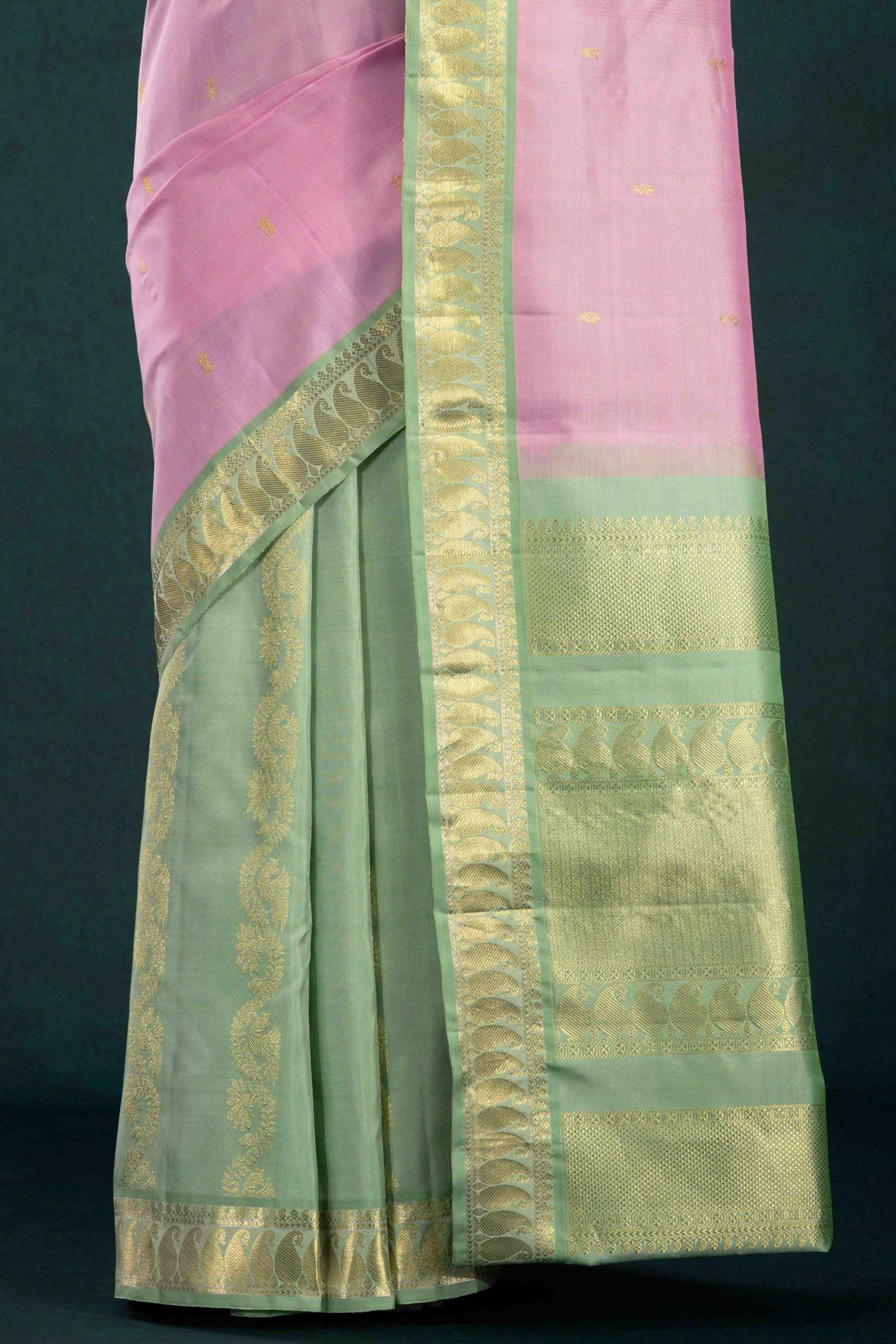 Aabha-Pink with Green Half and Half Kanchipuram Silk Saree - Image 6