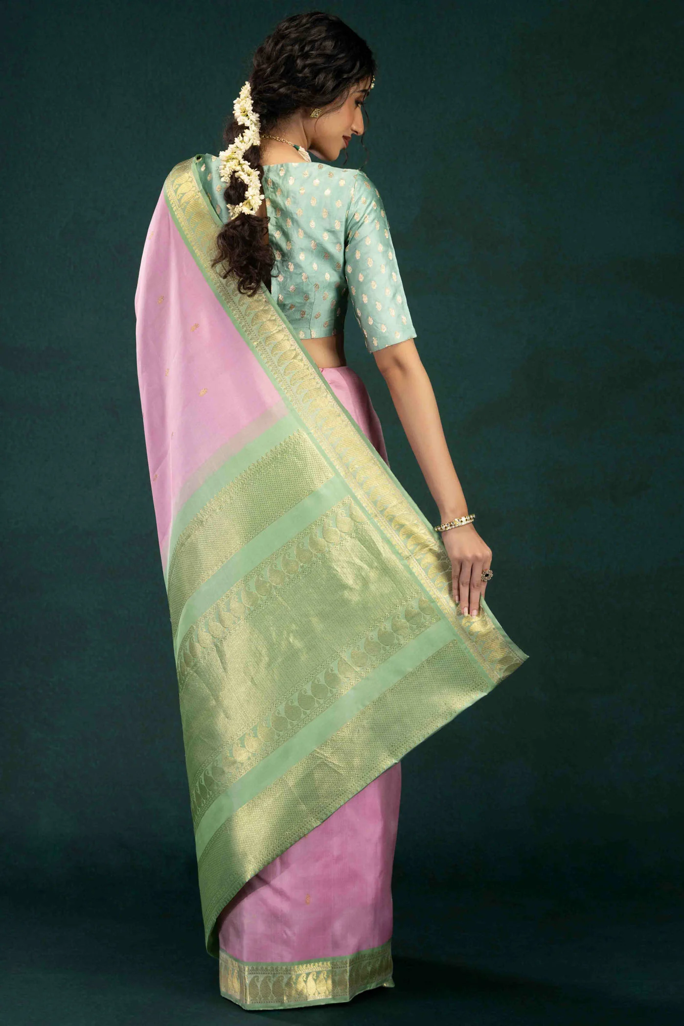 Aabha-Pink with Green Half and Half Kanchipuram Silk Saree - Image 8