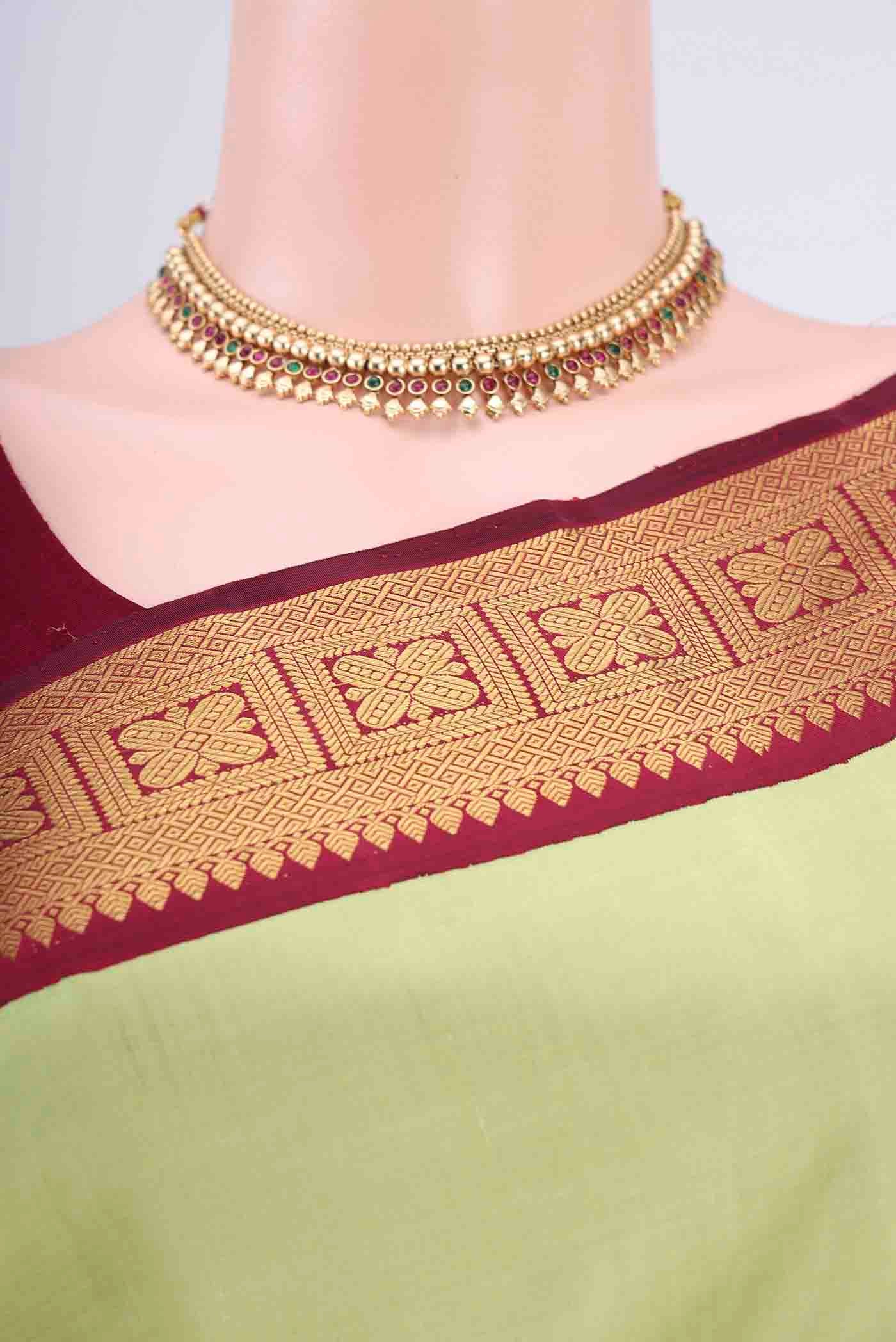 Pure Silk Pure Zari Pista Green Kanjivaram Saree - Image 2