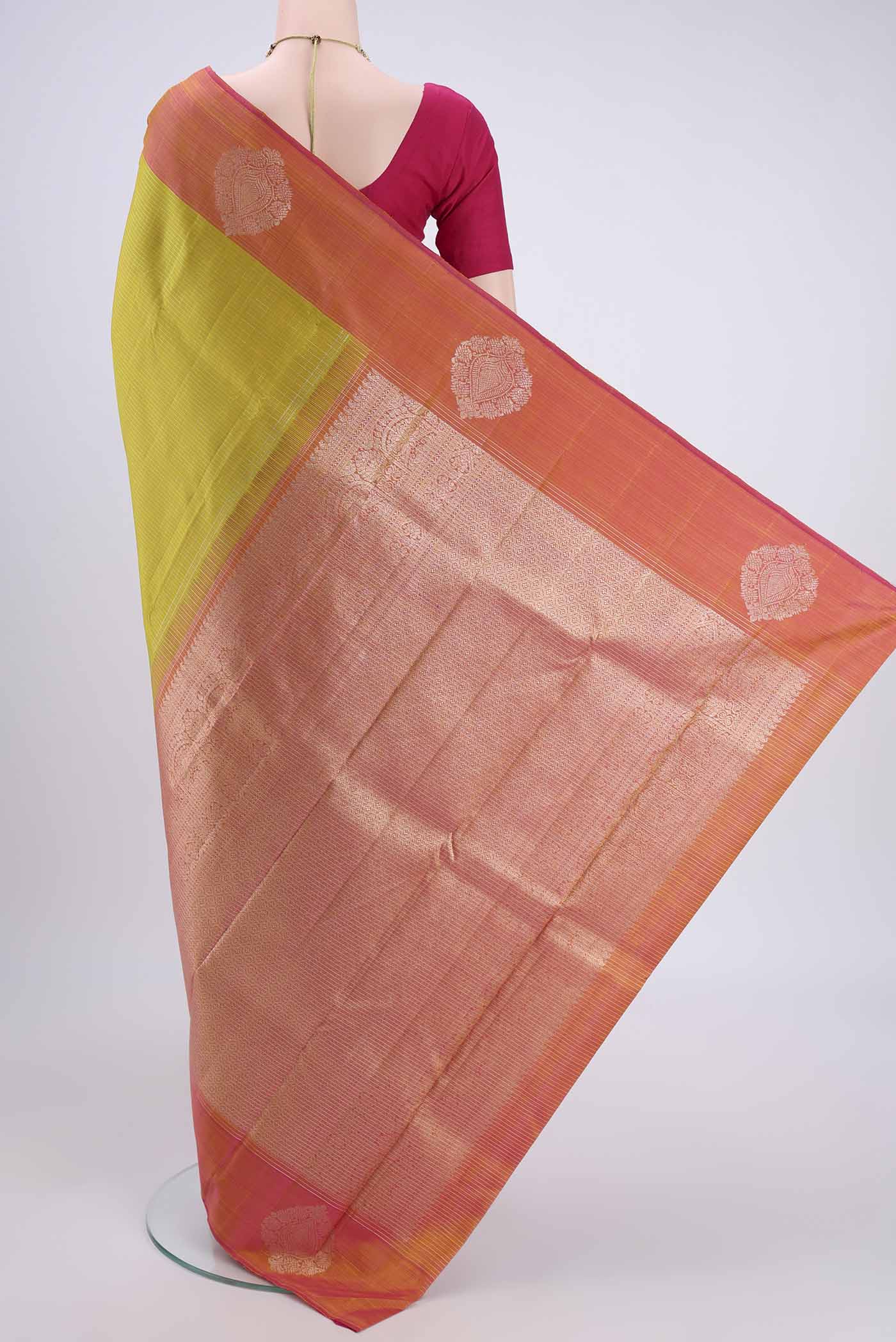 Pure Silk Pure Zari Acid Green Kanjivaram Saree - Image 3