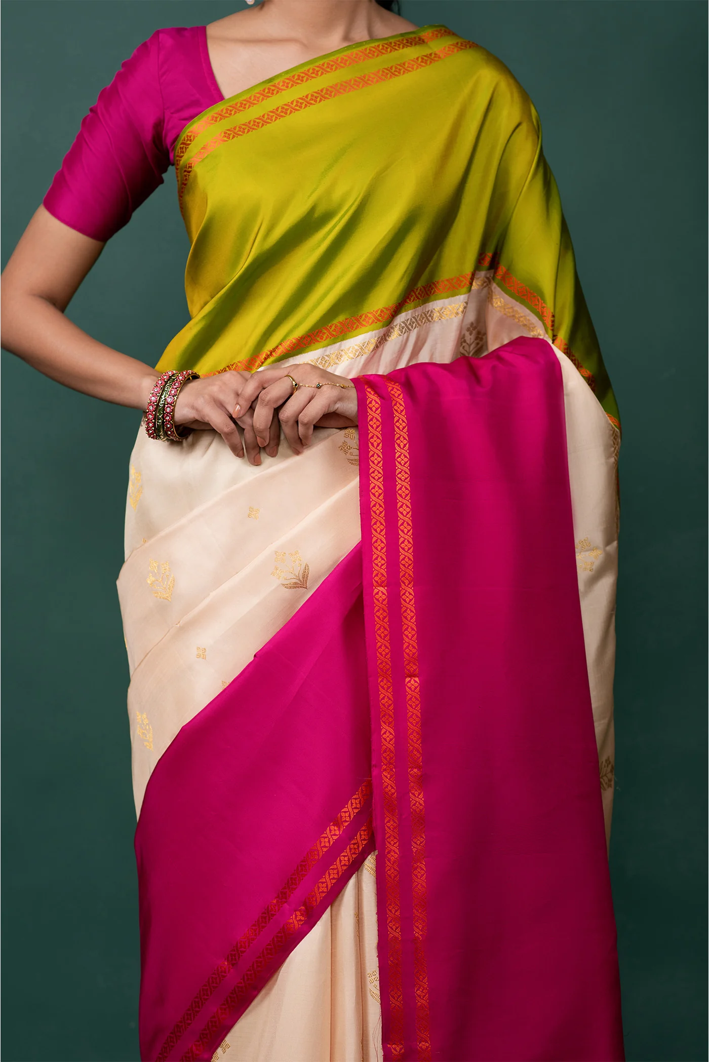 Arunima - Off White Muppagam Kanchipuram Silk Saree - Image 6