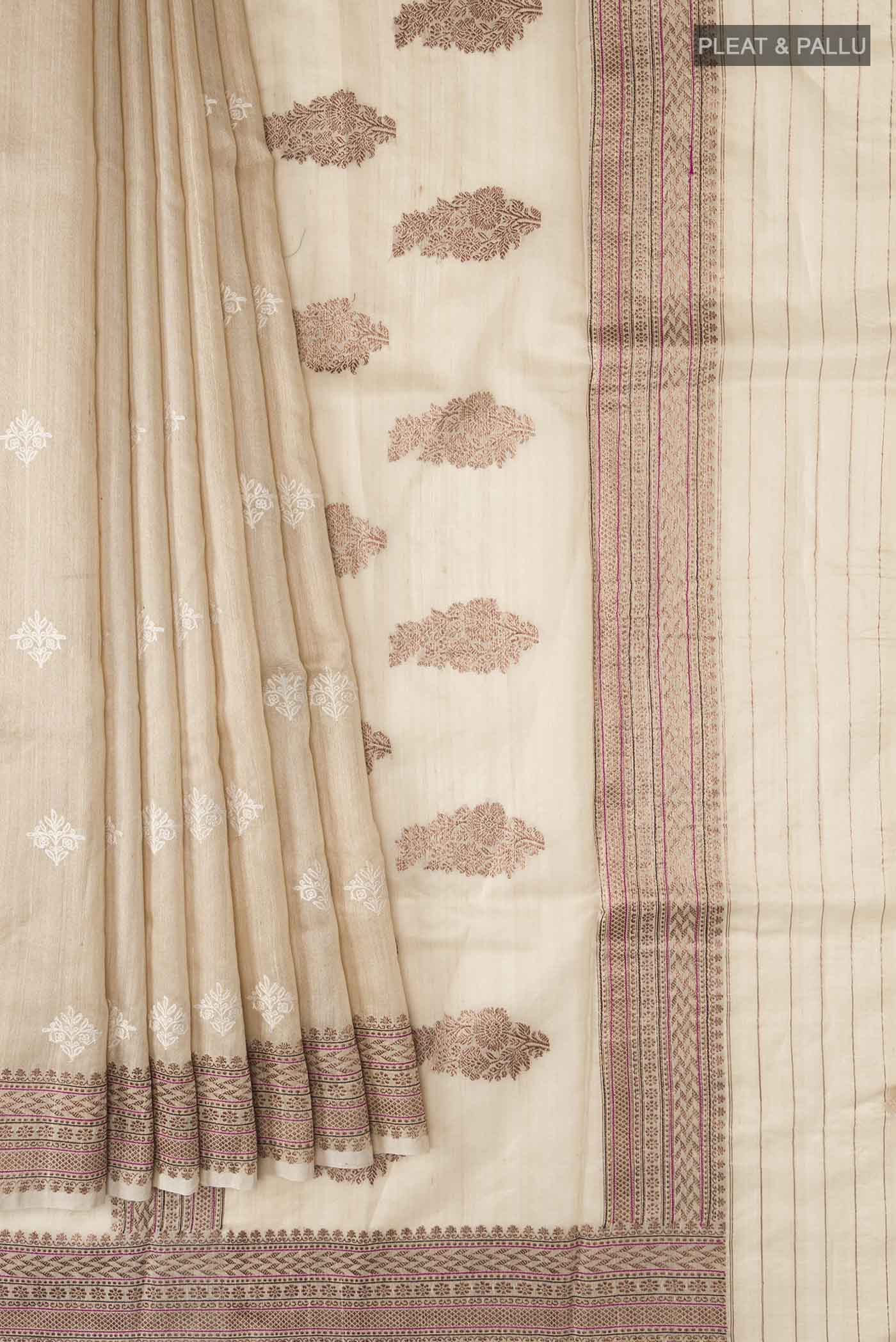 Beige Bhagalpuri Tussar Silk Saree - Image 4