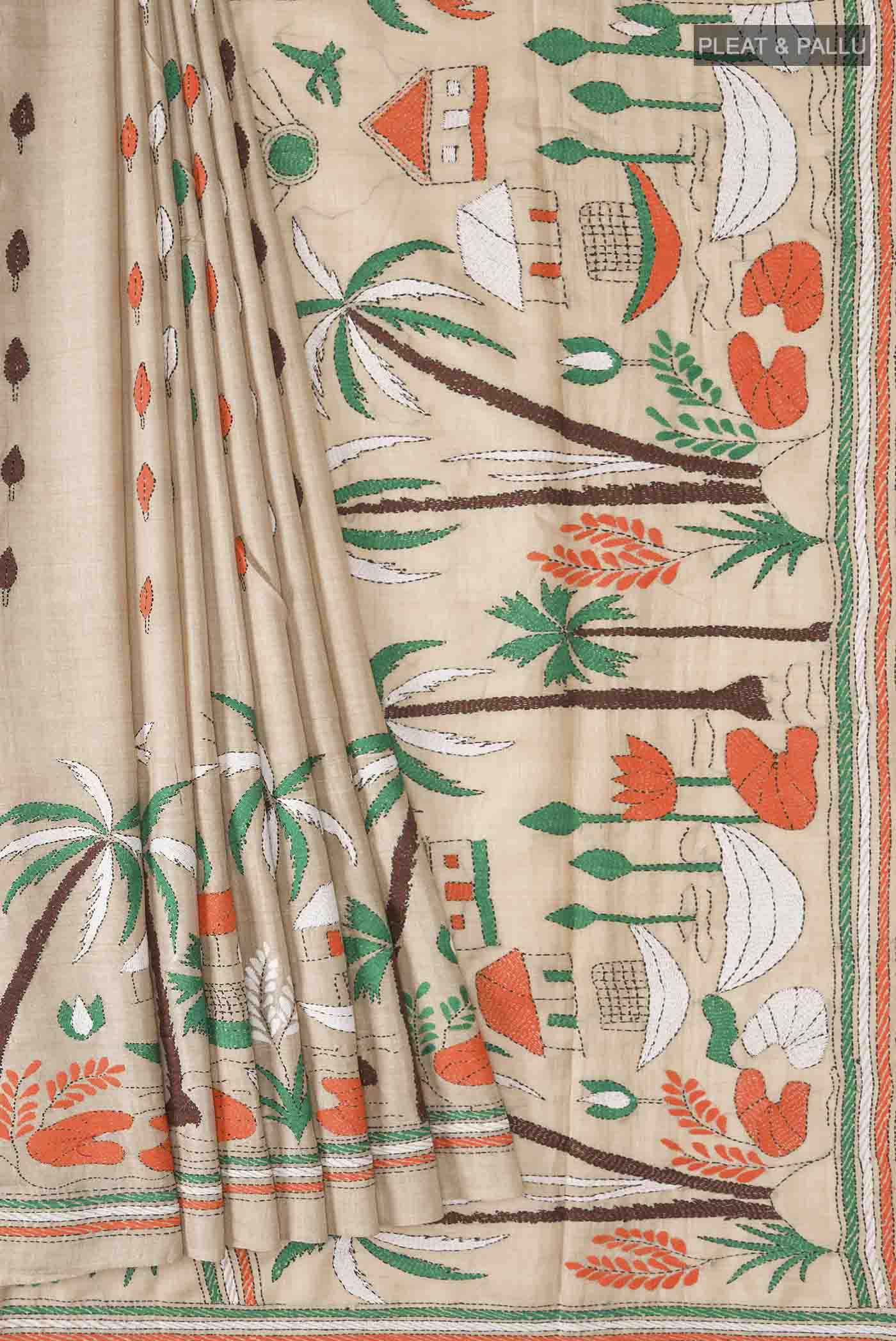 Beige Bhagalpuri Tussar Silk Saree - Image 4