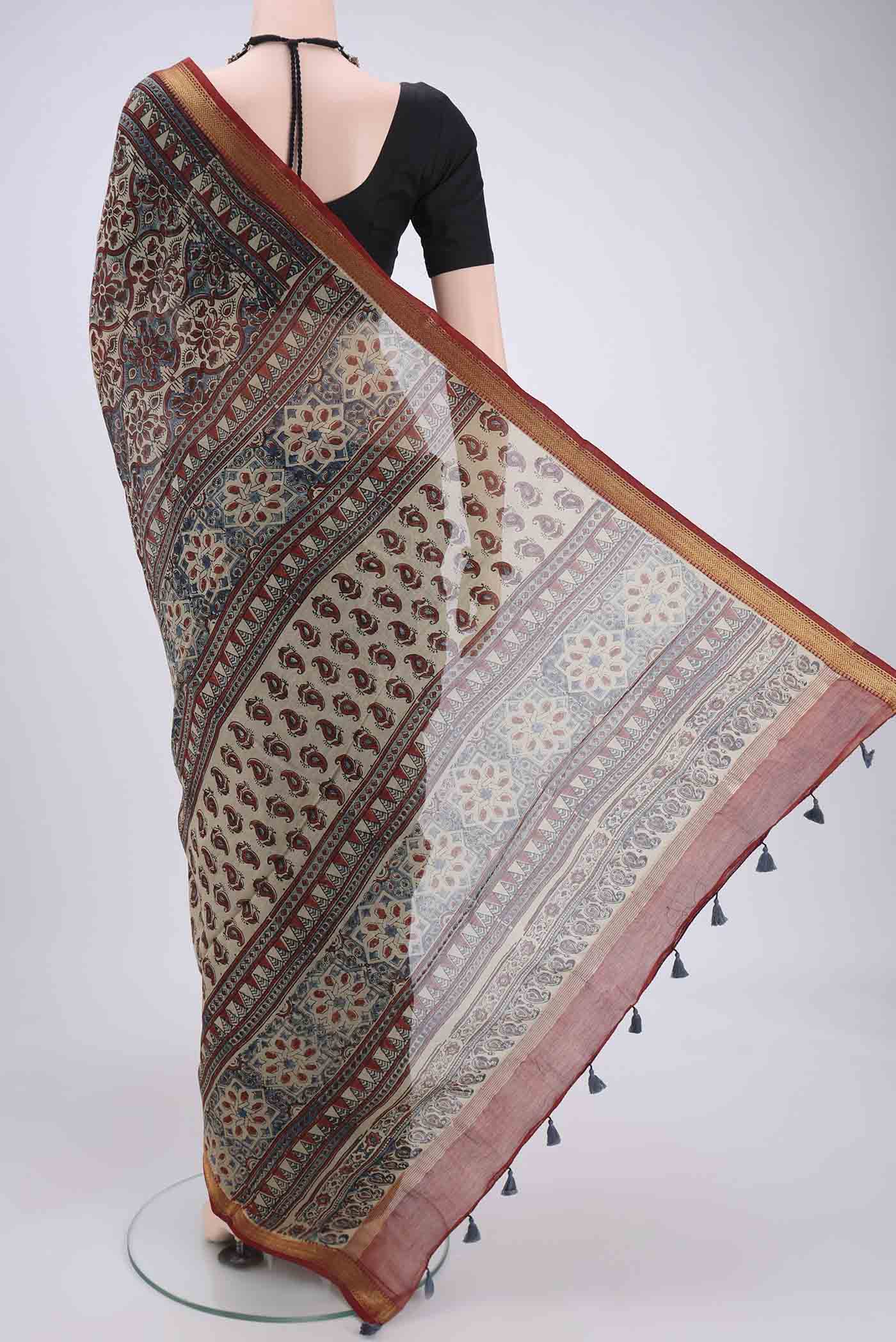 Beige Chanderi Silk Cotton Saree - Image 3