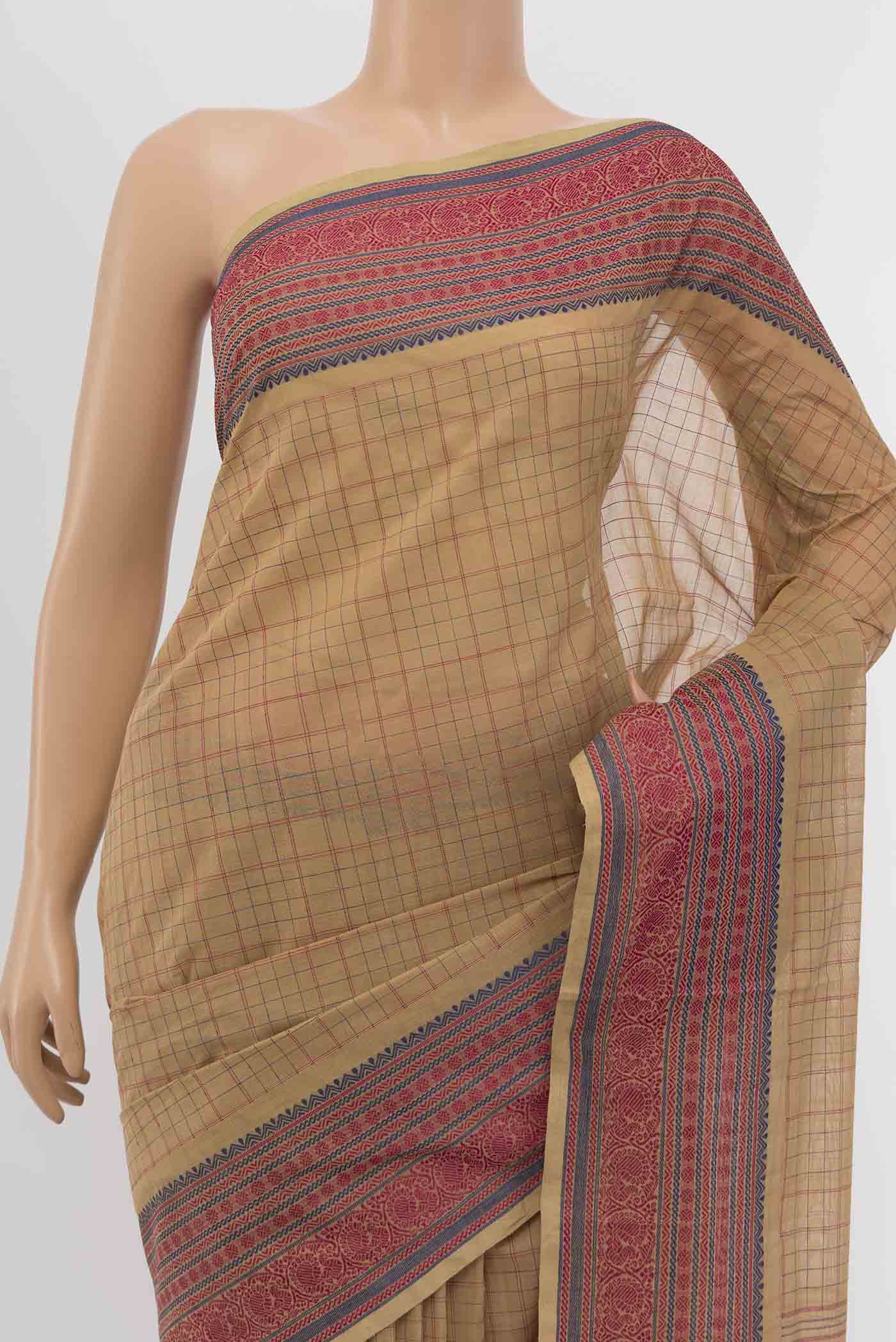 Beige Chettinad Cotton Saree - Image 2