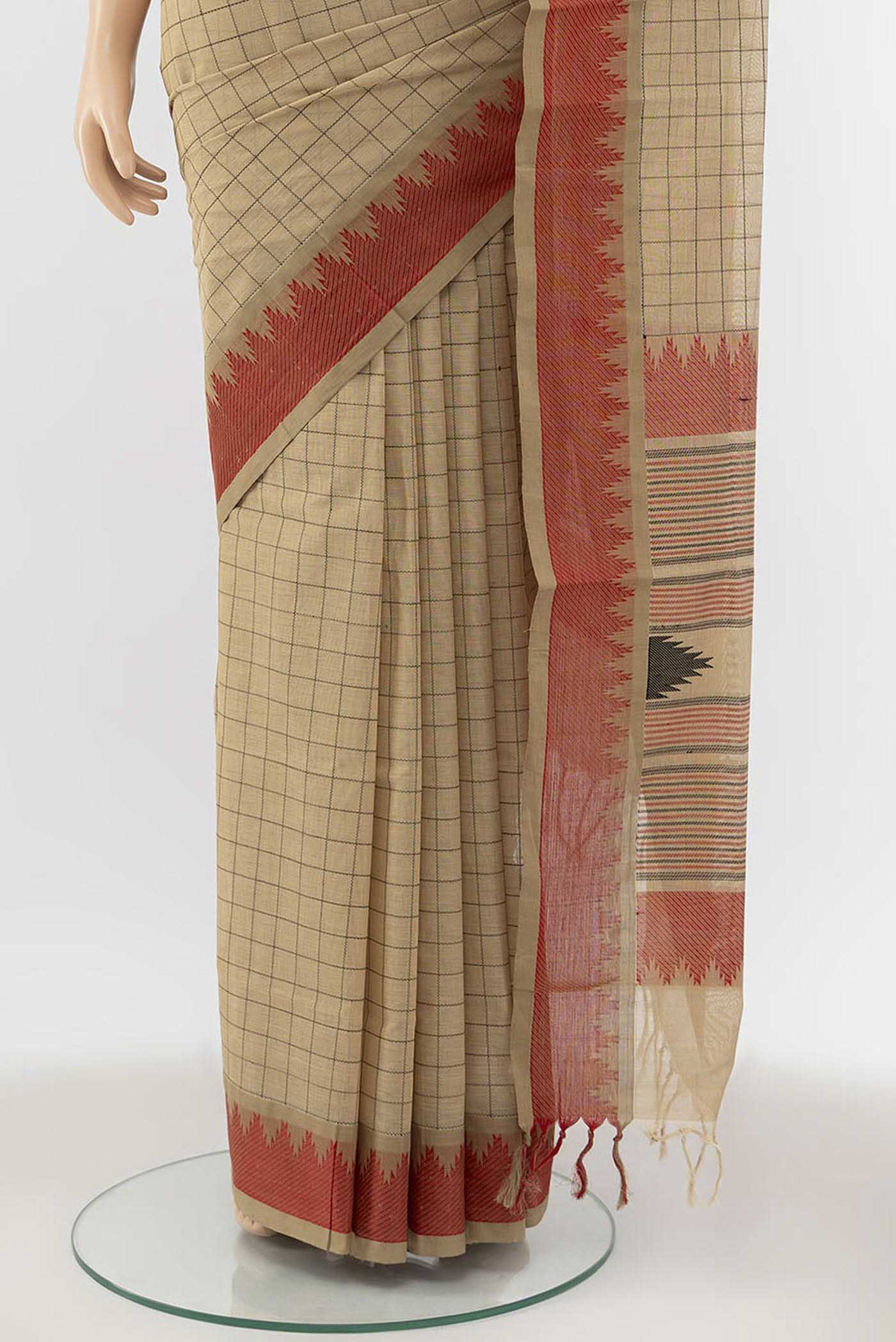 Beige Coimbatore Cotton Saree - Image 3