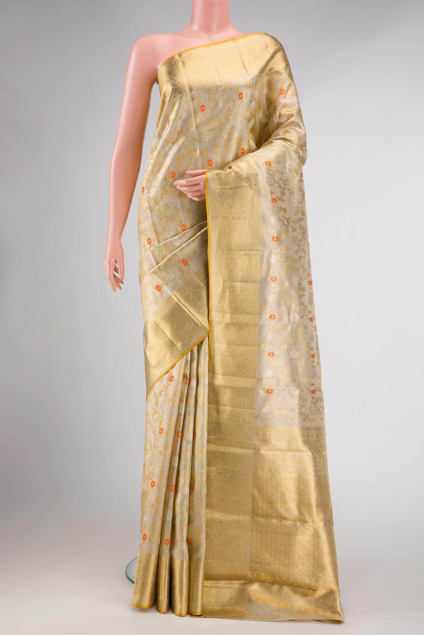 Pure Silk Pure Zari Beige Dual Tone Kanjivaram Tissue Saree