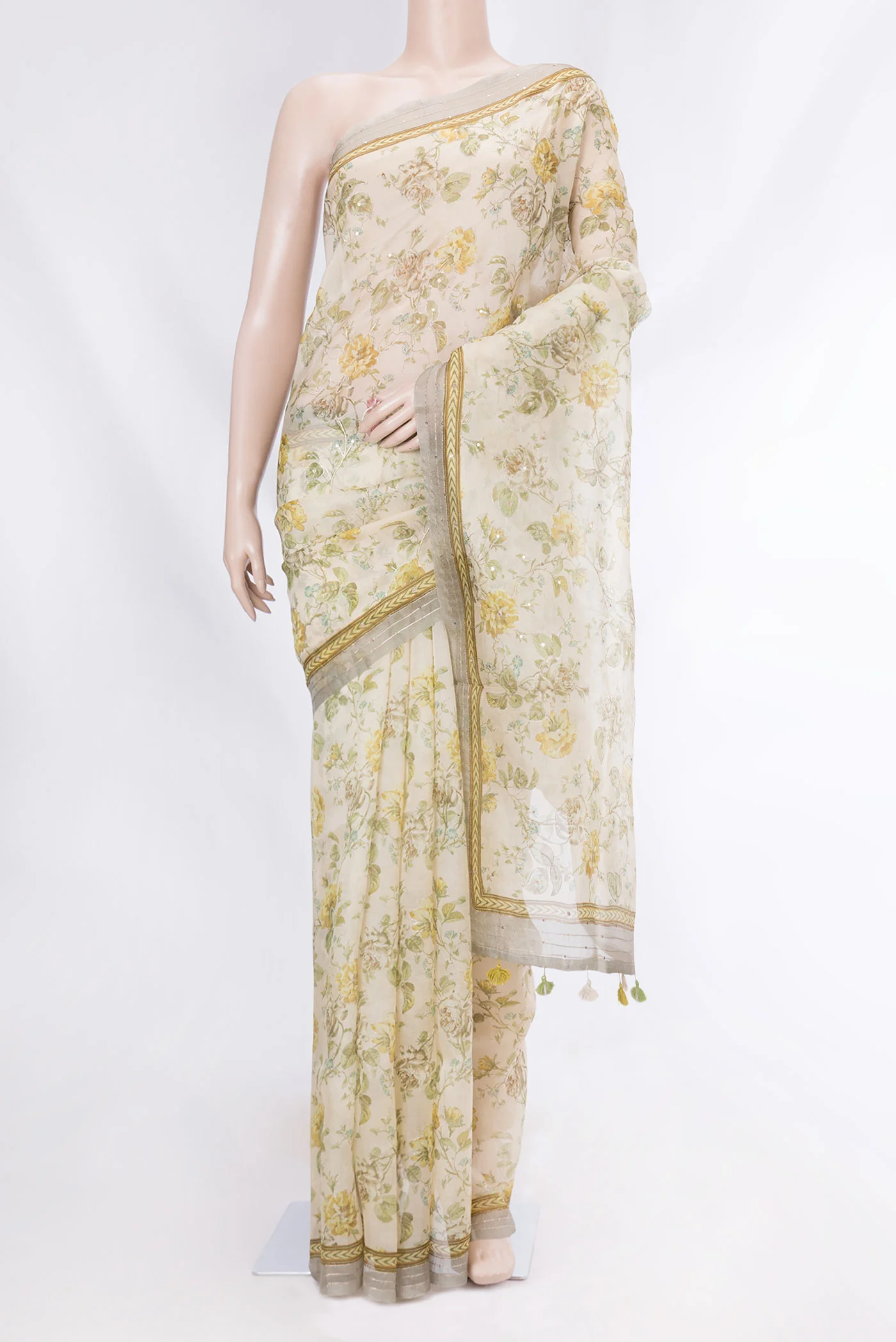 Cream Organza Silk Saree