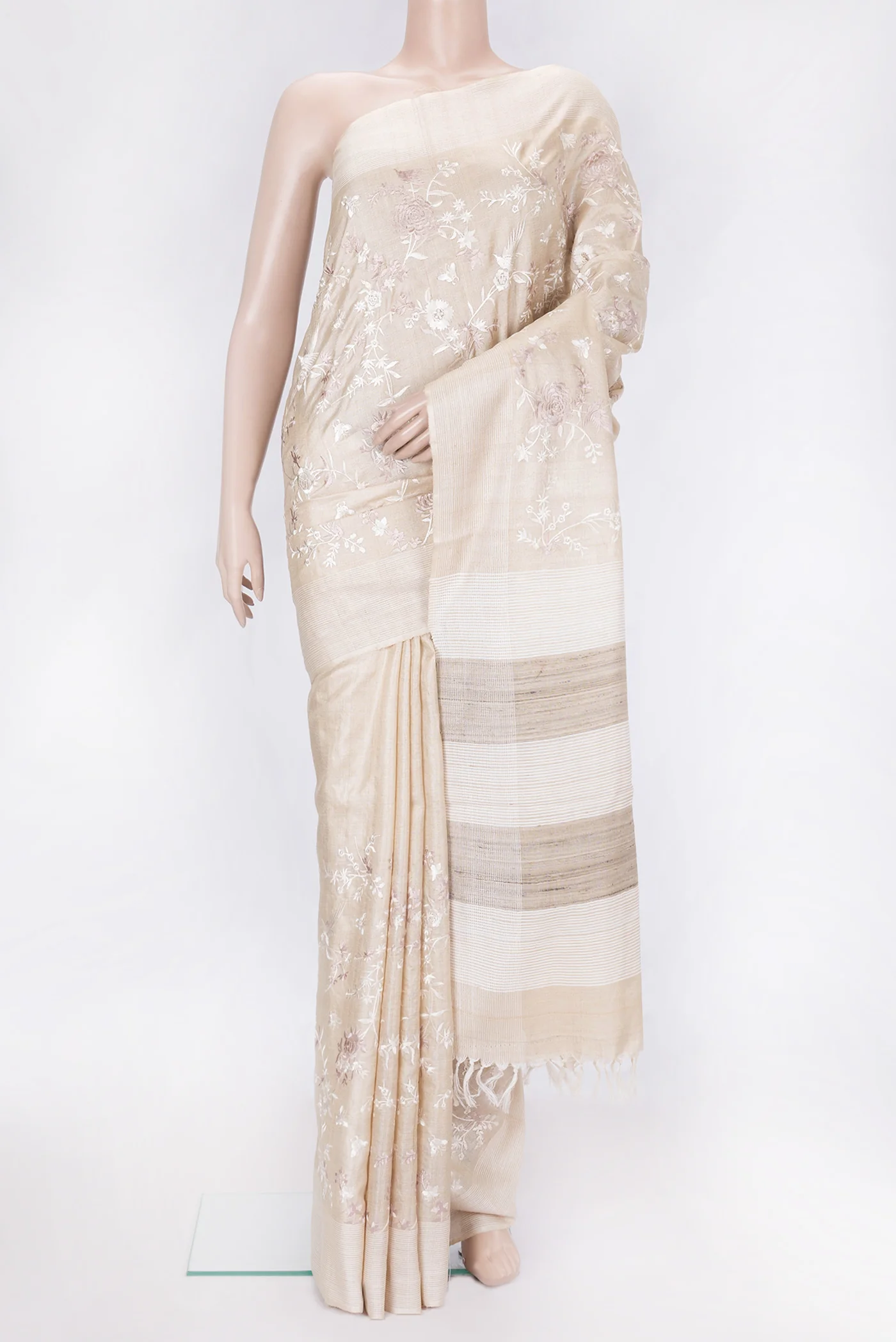 Beige Tussar Silk Saree