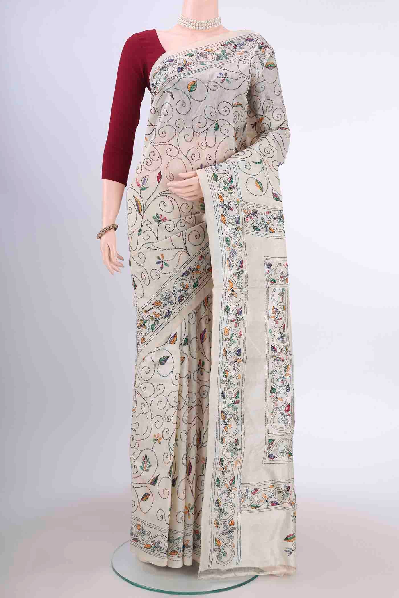 Beige Kantha Silk Saree