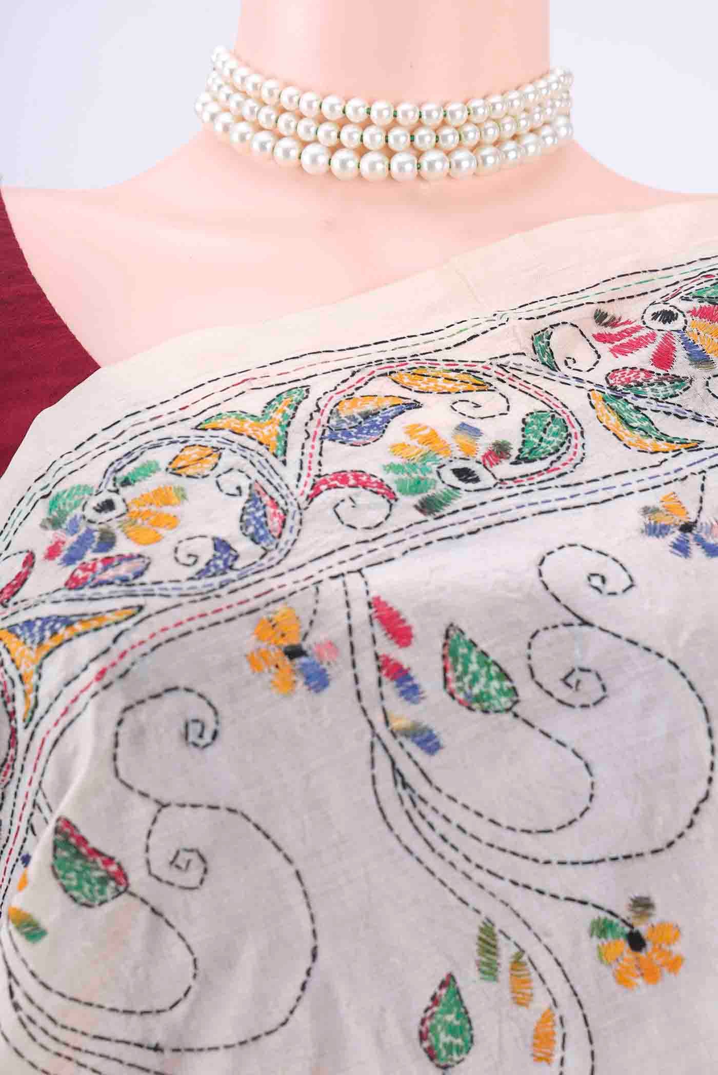 Beige Kantha Silk Saree - Image 2