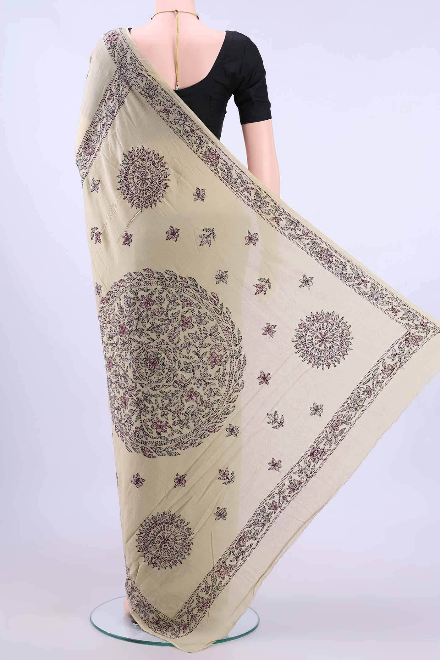 Beige Kantha Silk Saree - Image 2