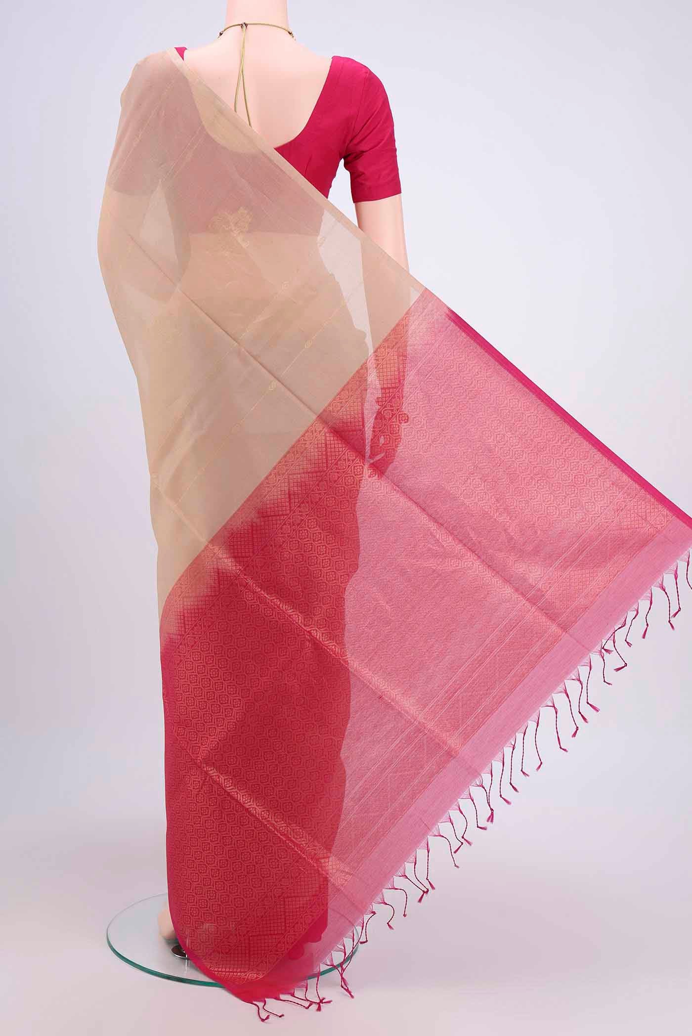 Beige Silk Cotton Saree - Image 3