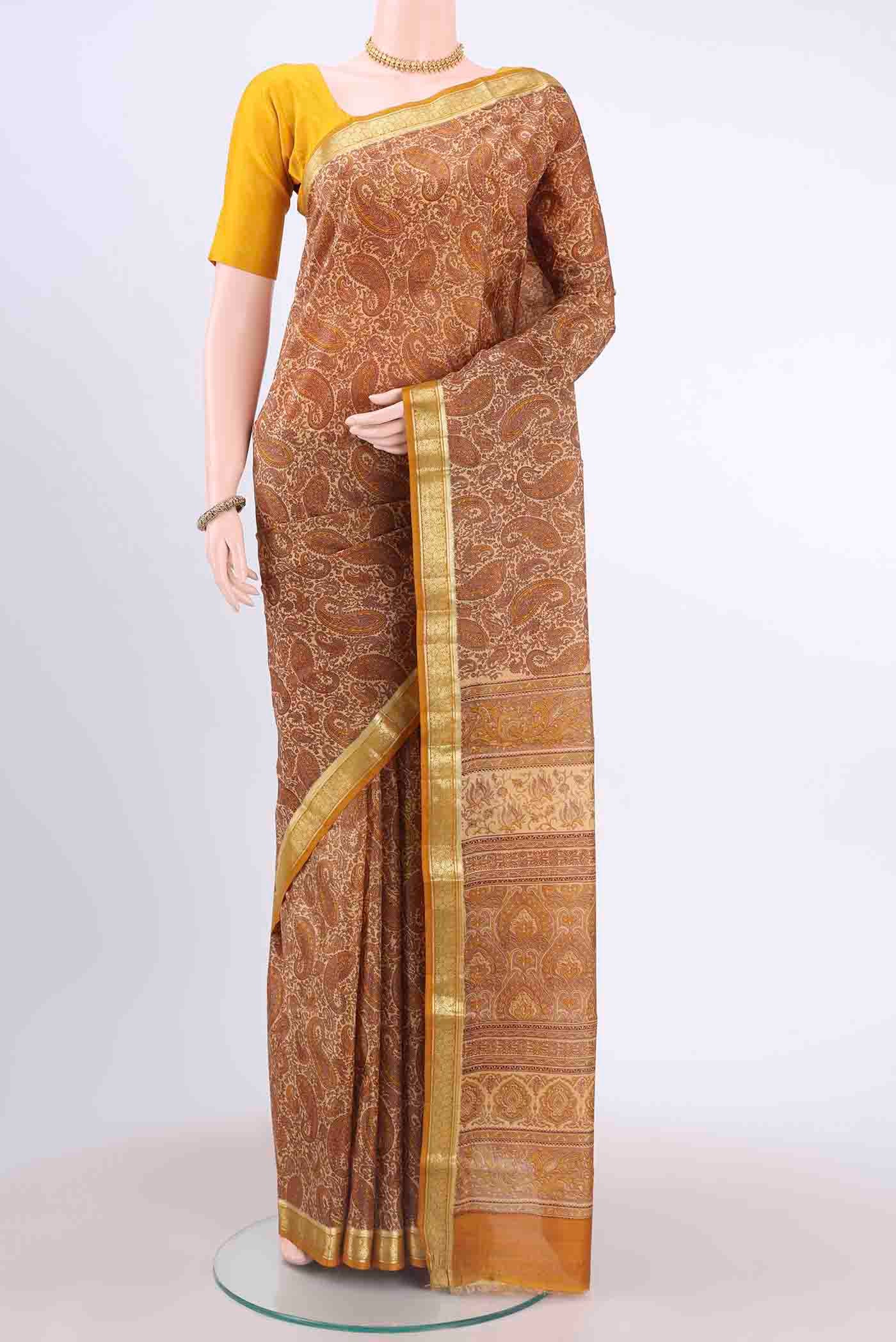 Beige Printed Silk Saree