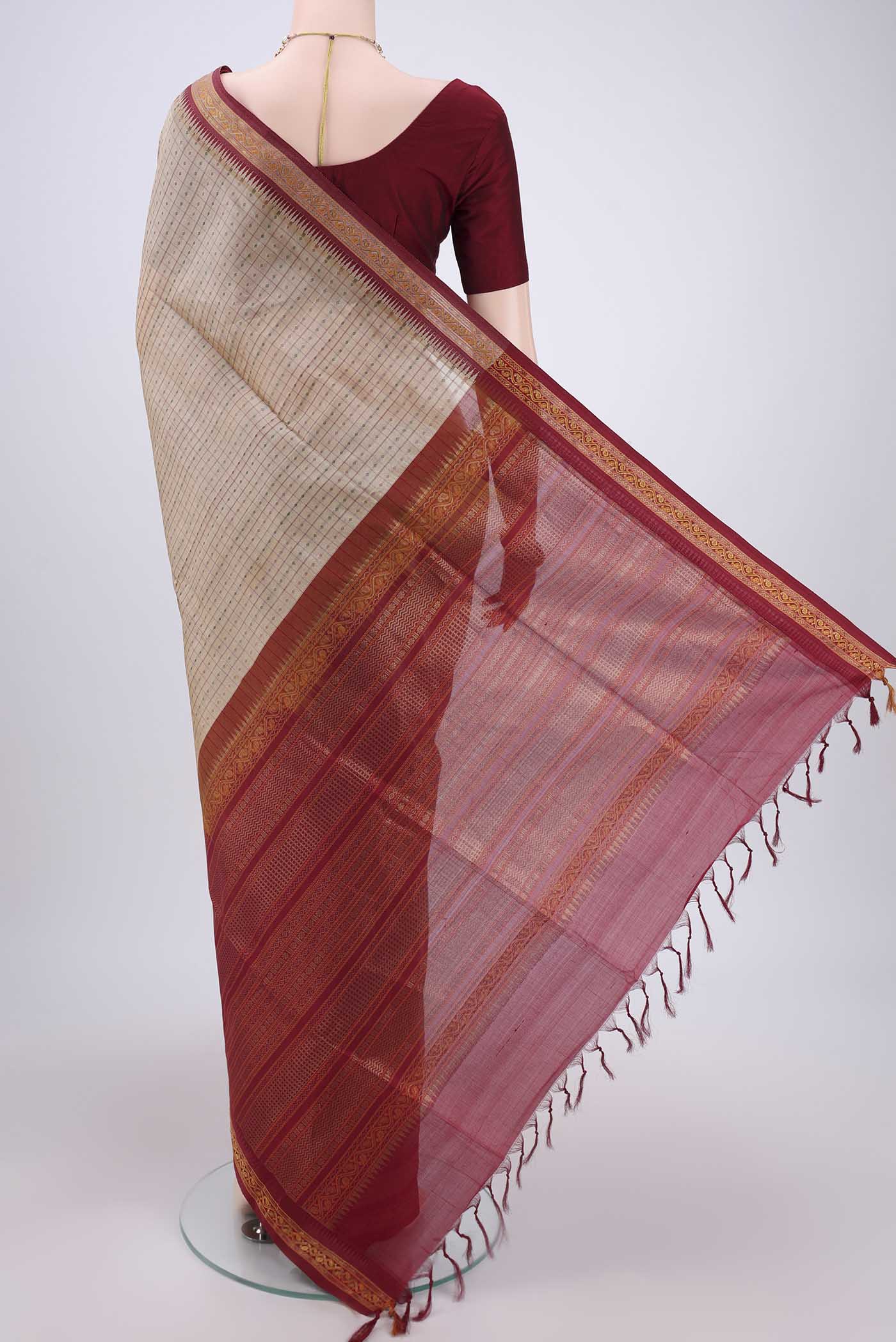 Beige Silk Cotton Saree - Image 3