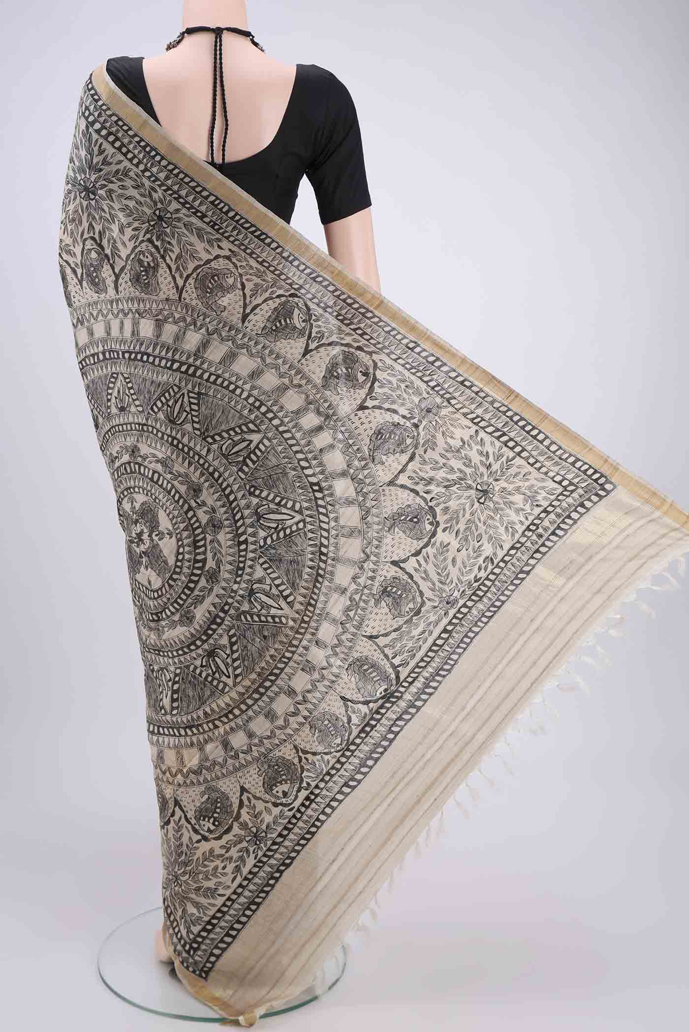 Beige Tussar Silk Saree - Image 3