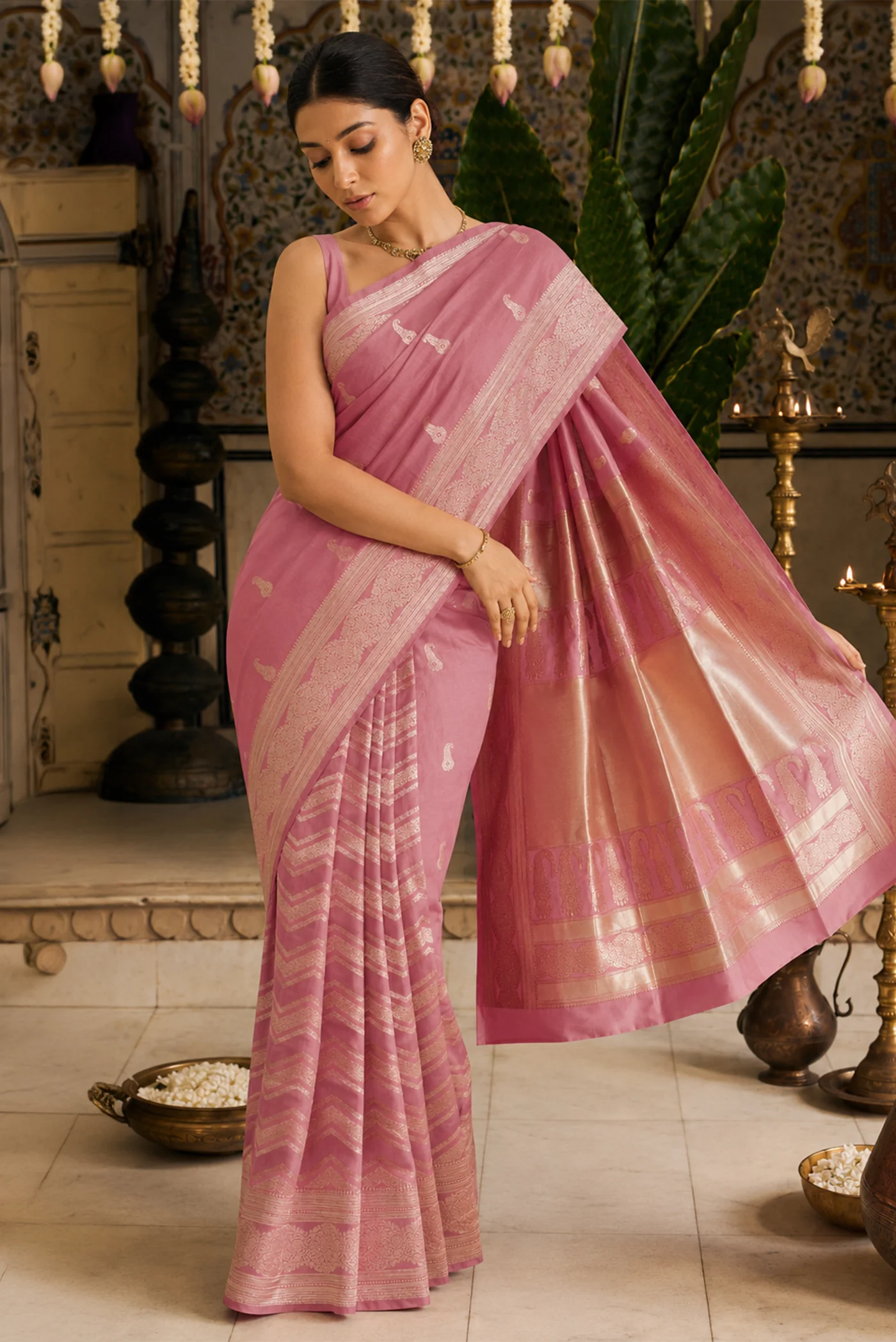 Bhagyavati-Peach Banarasi Silk Saree
