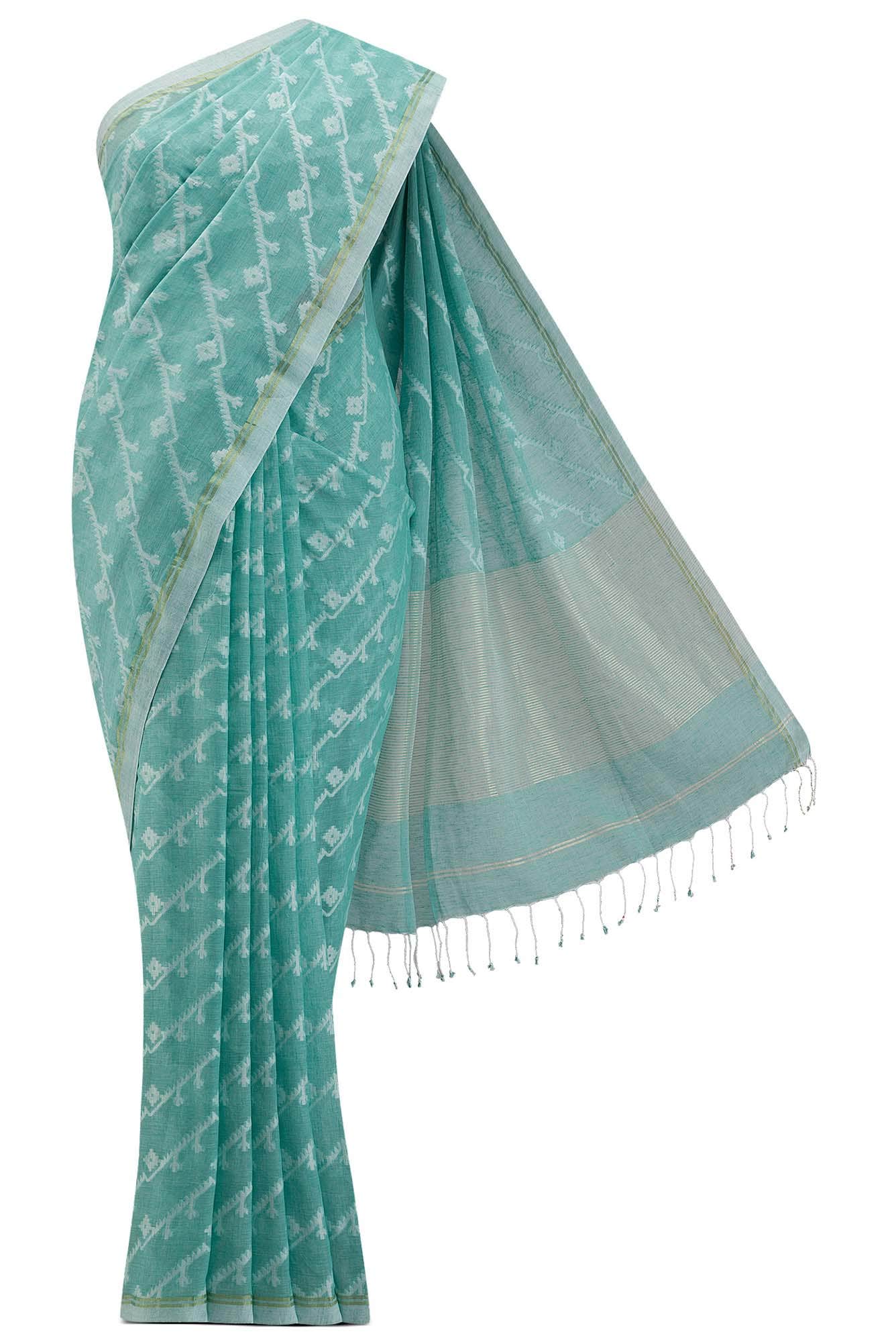 Bimala-Teal Green Bengal Cotton Saree - Image 2