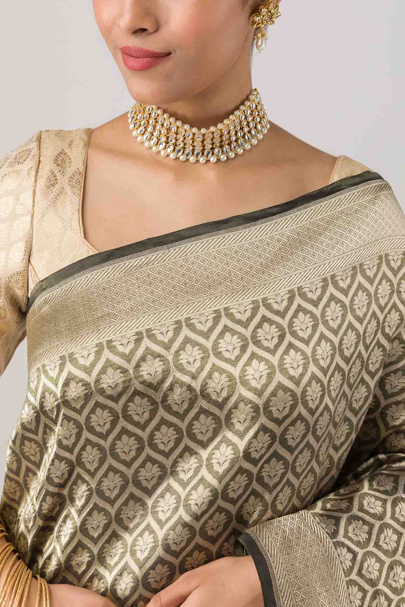 Antara-Dark Olive Green Banarasi Silk Saree - Image 2