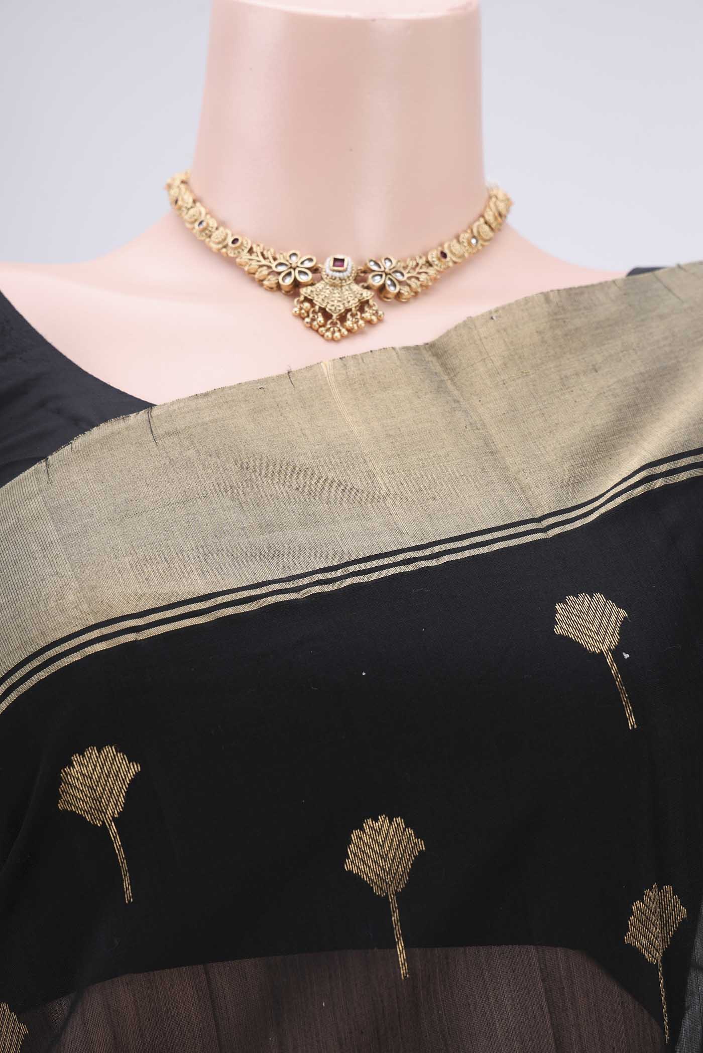 Black Chanderi Silk Cotton Saree - Image 2