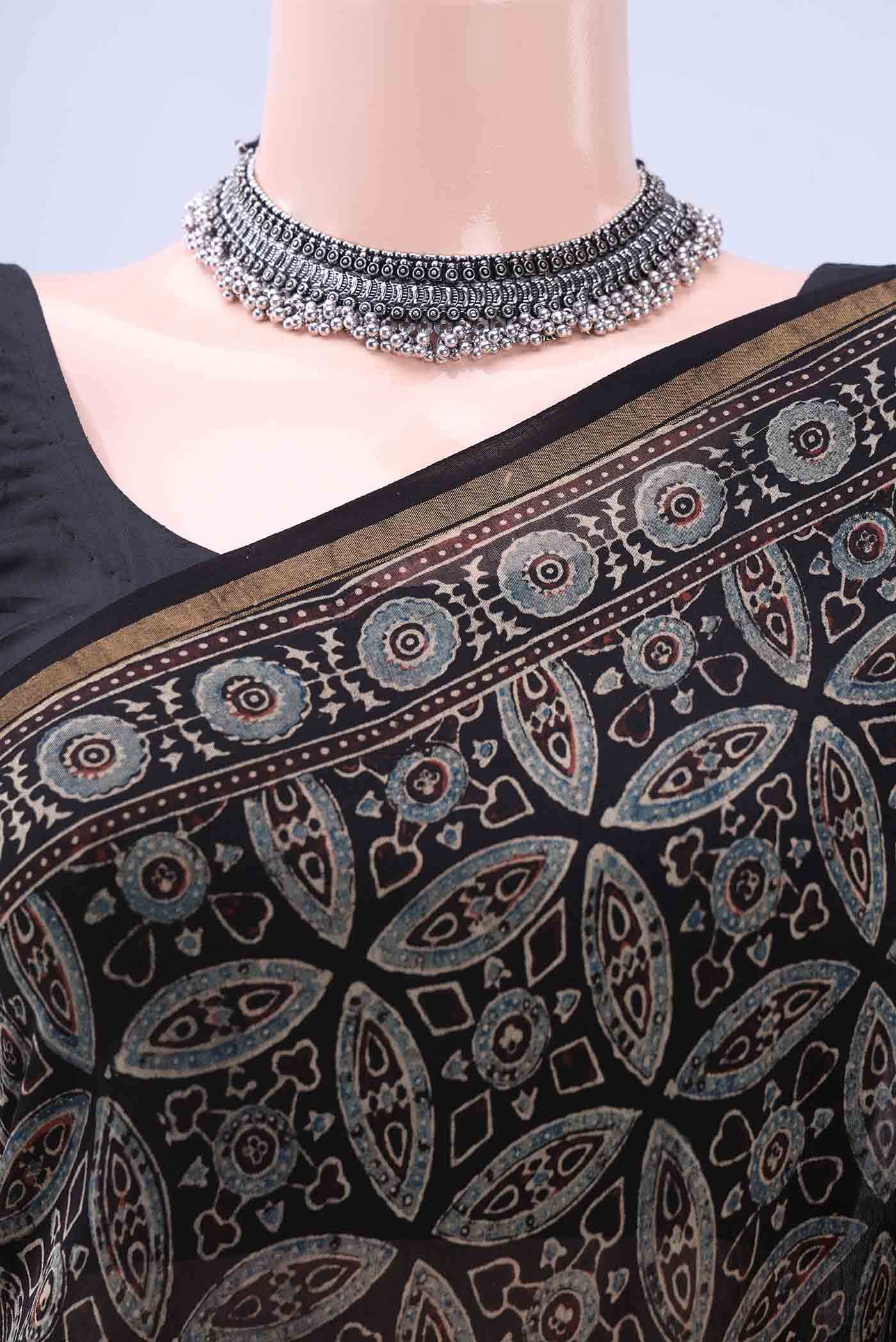 Black Chanderi Silk Cotton Saree - Image 3