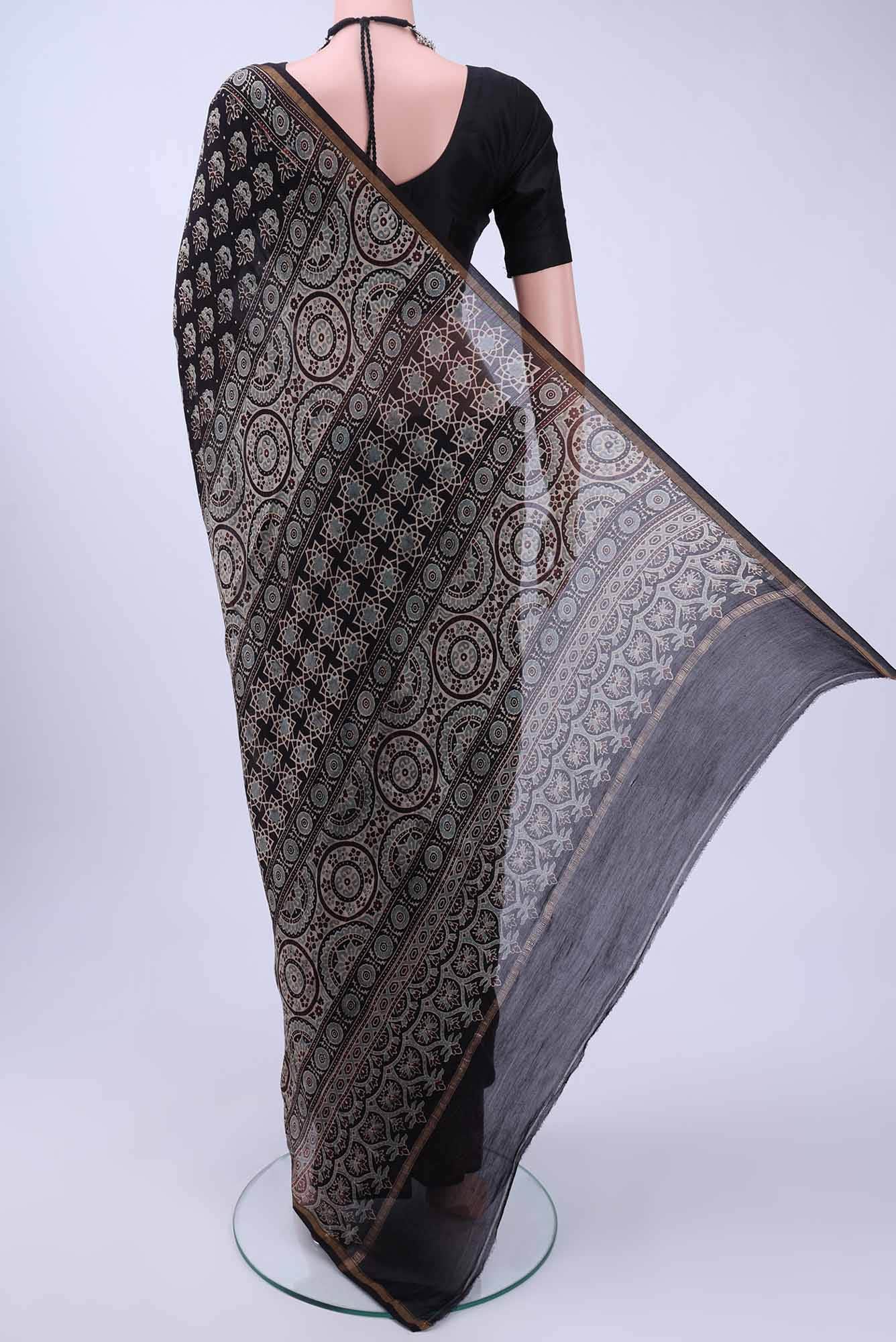 Black Chanderi Silk Cotton Saree - Image 2