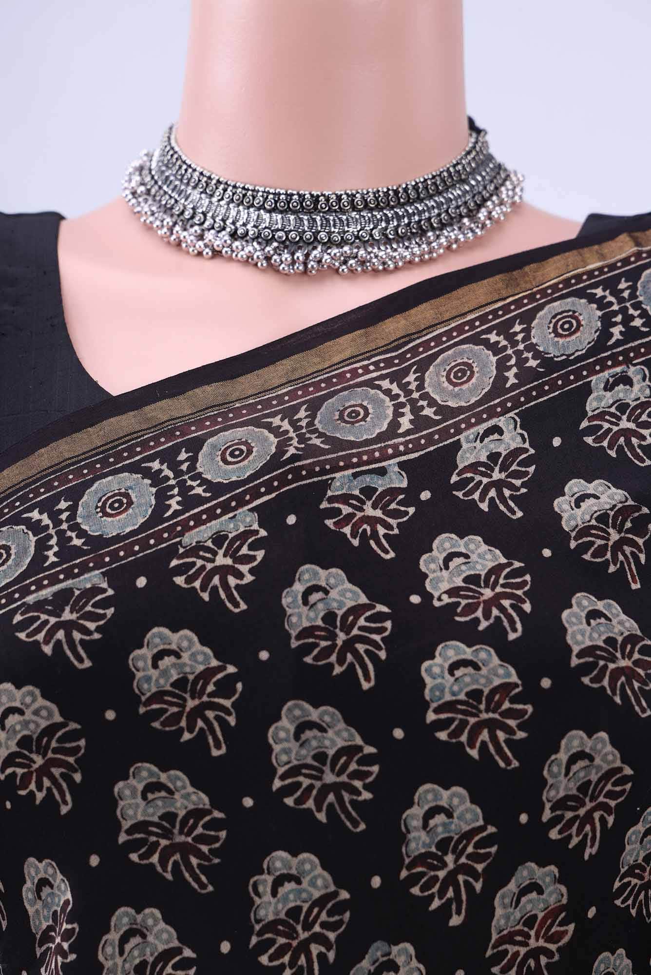 Black Chanderi Silk Cotton Saree - Image 3