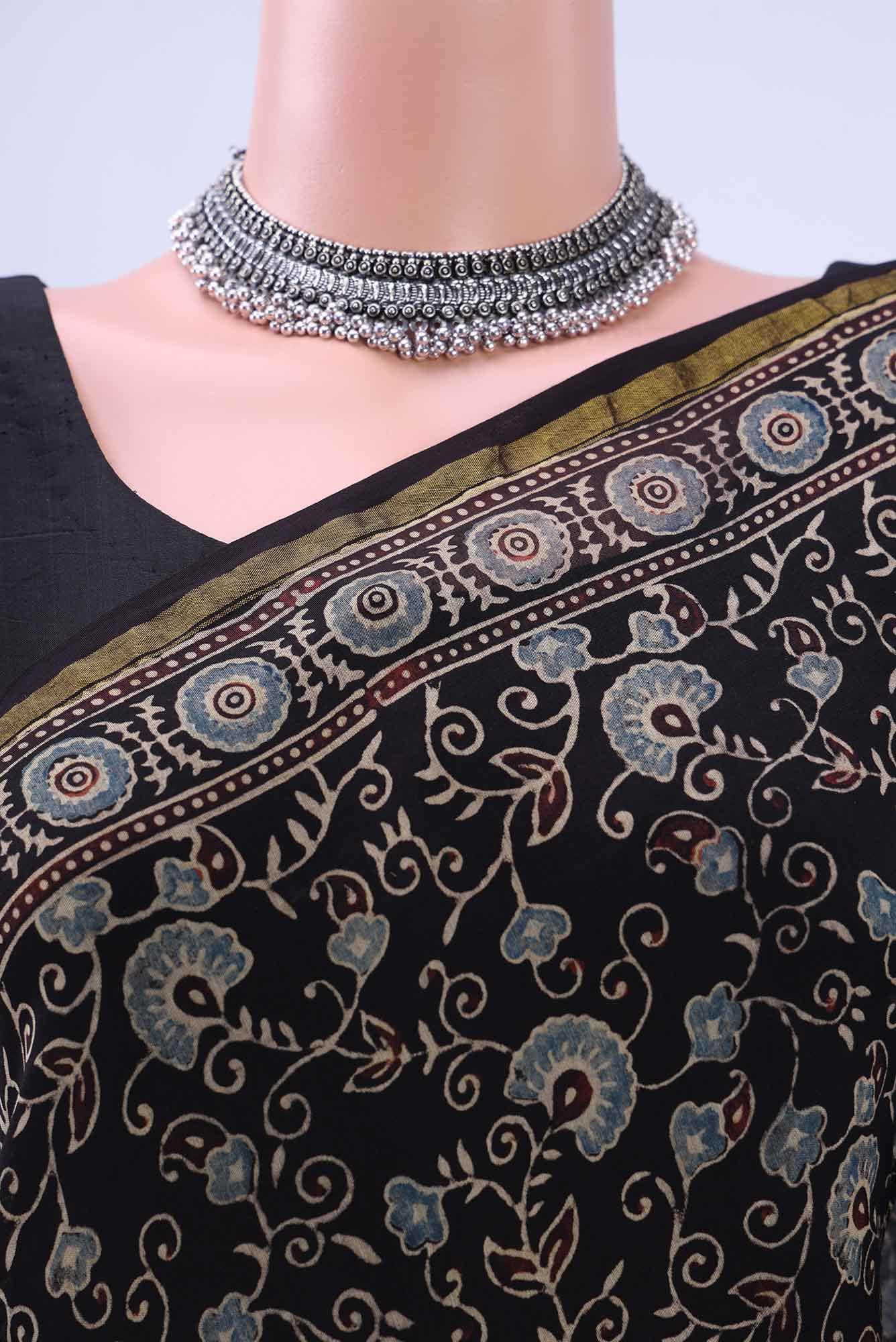 Black Chanderi Silk Cotton Saree - Image 3