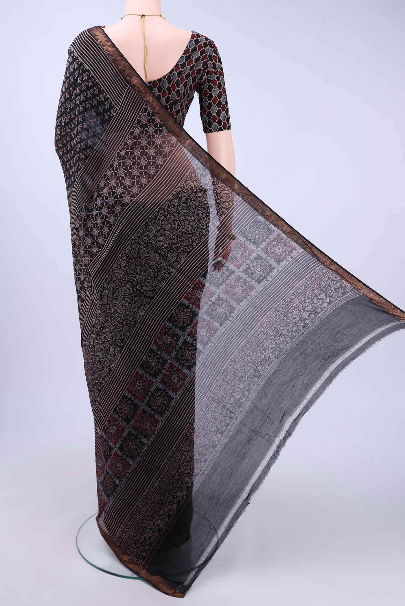 Black Chanderi Silk Cotton Saree - Image 2