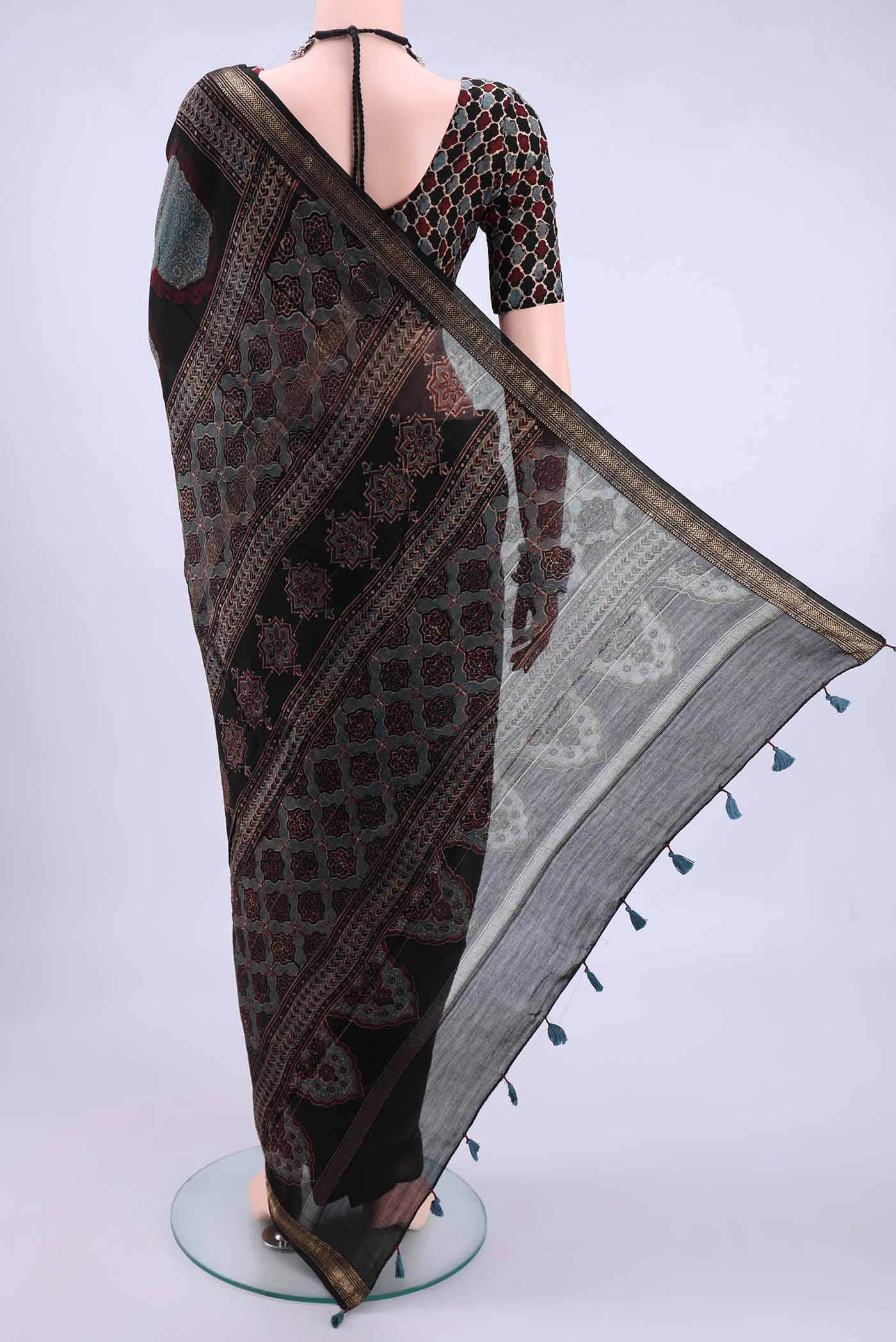 Black Chanderi Silk Cotton Saree - Image 2