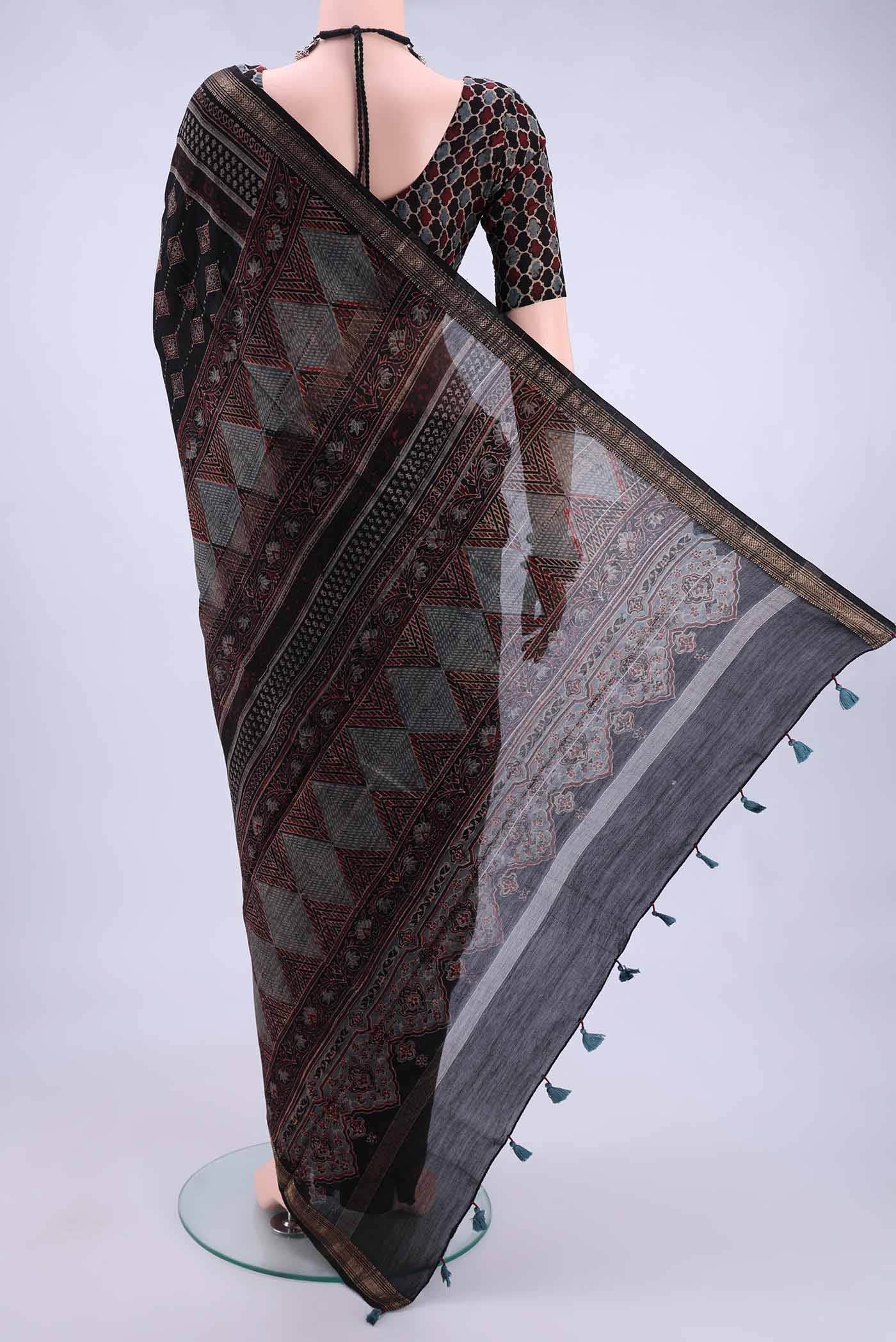 Black Chanderi Silk Cotton Saree - Image 2