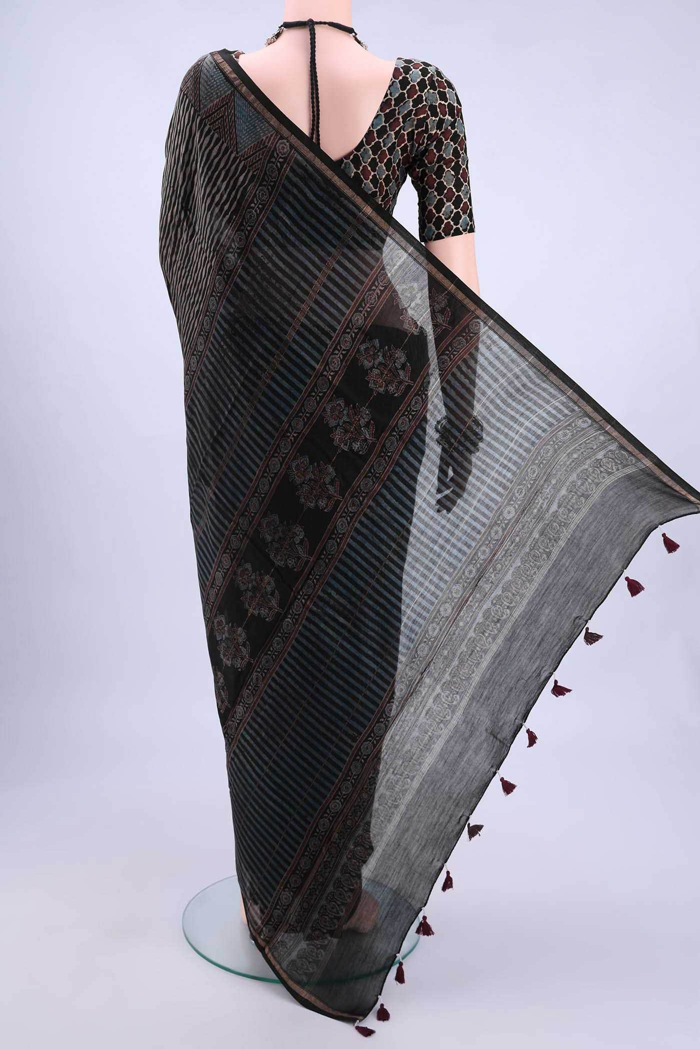 Black Chanderi Silk Cotton Saree - Image 2