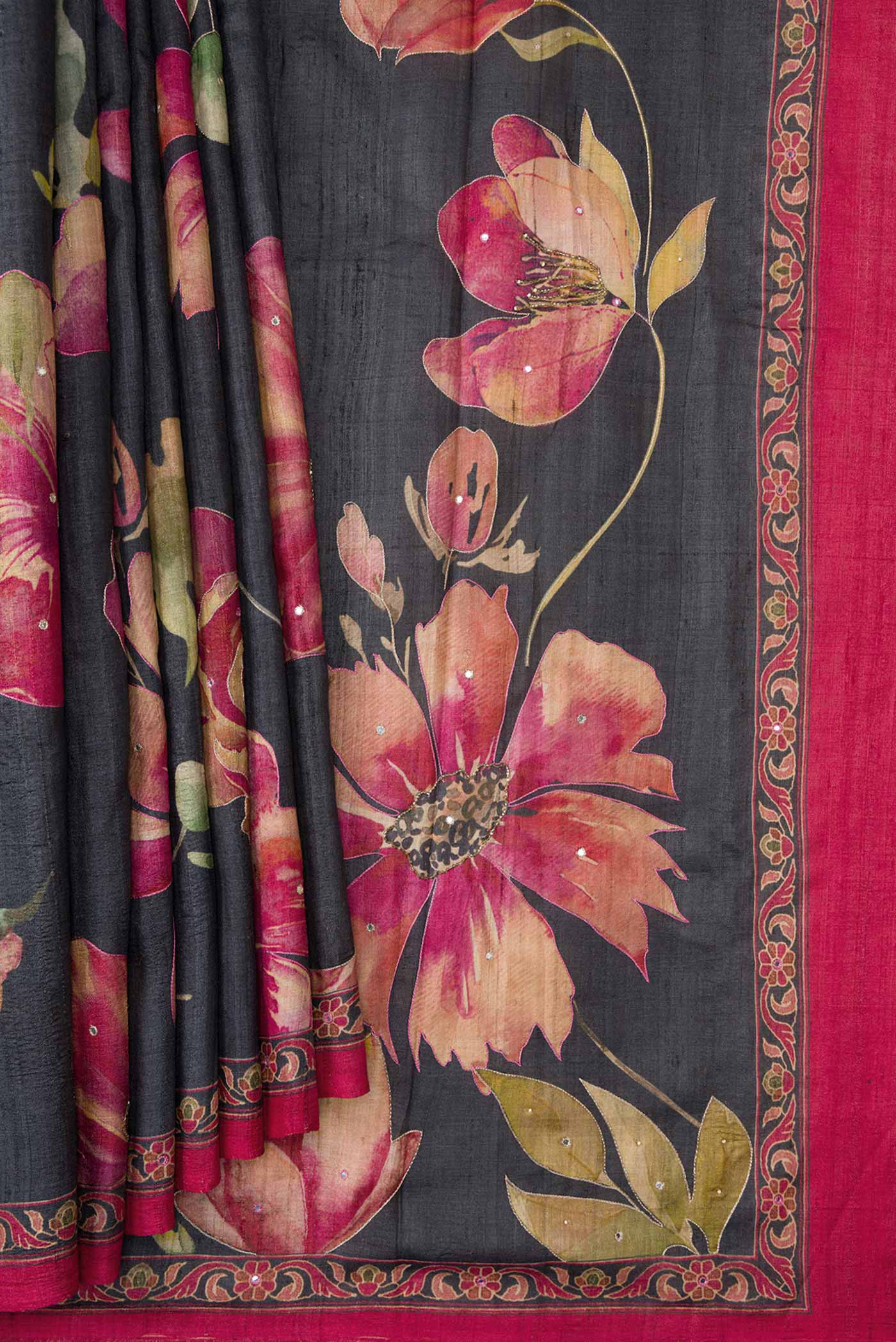 Black Dual Tone Tussar Silk Saree - Image 4