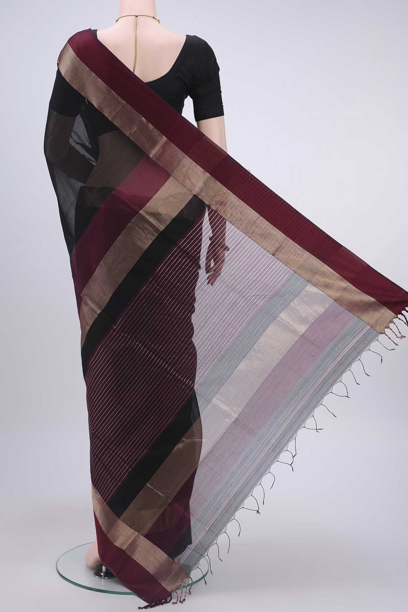 Black Maheshwari Silk Cotton Saree - Image 3