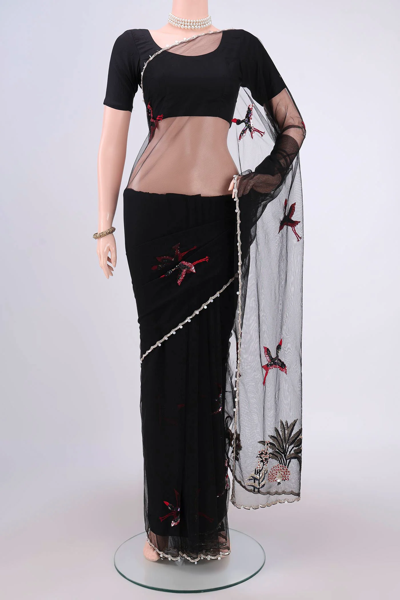 Black Blended Embroidery Net Saree