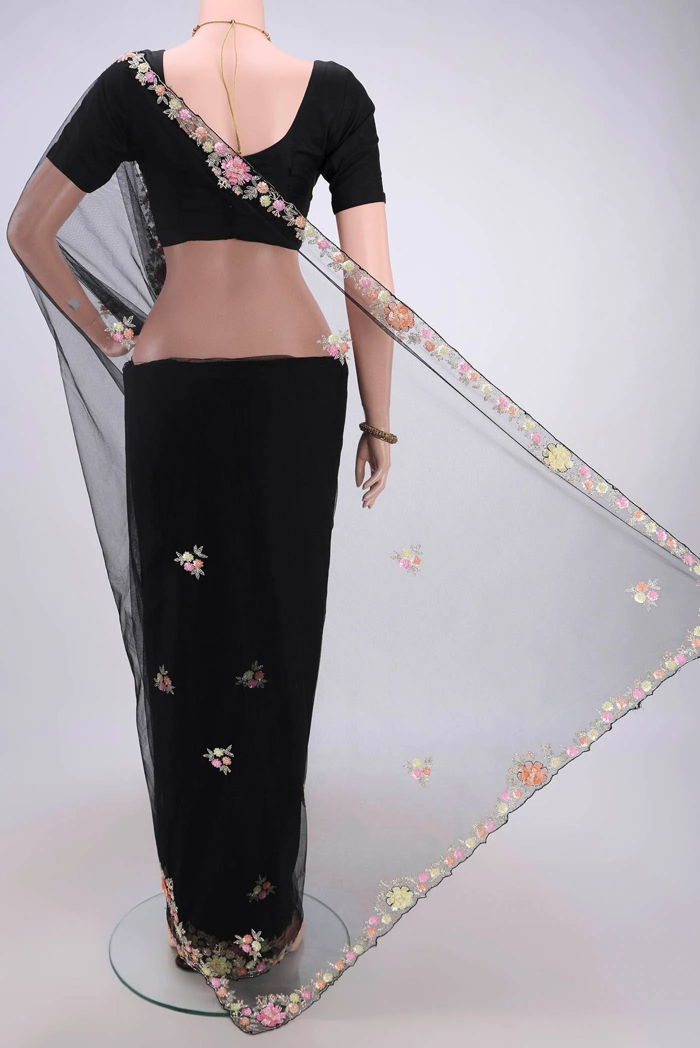 Black Blended Embroidery Net Saree - Image 3