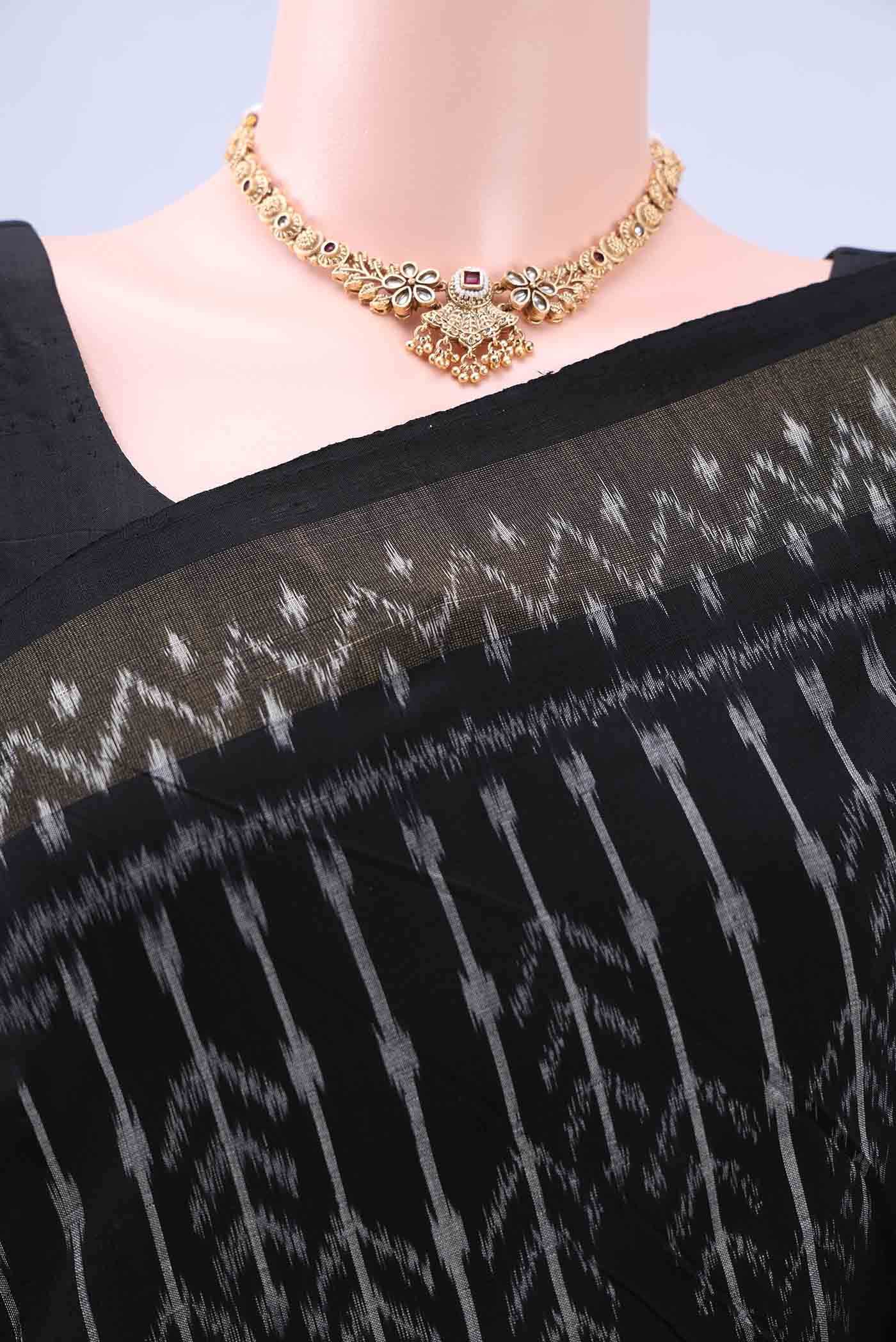 Black Pochampally Cotton Saree - Image 3