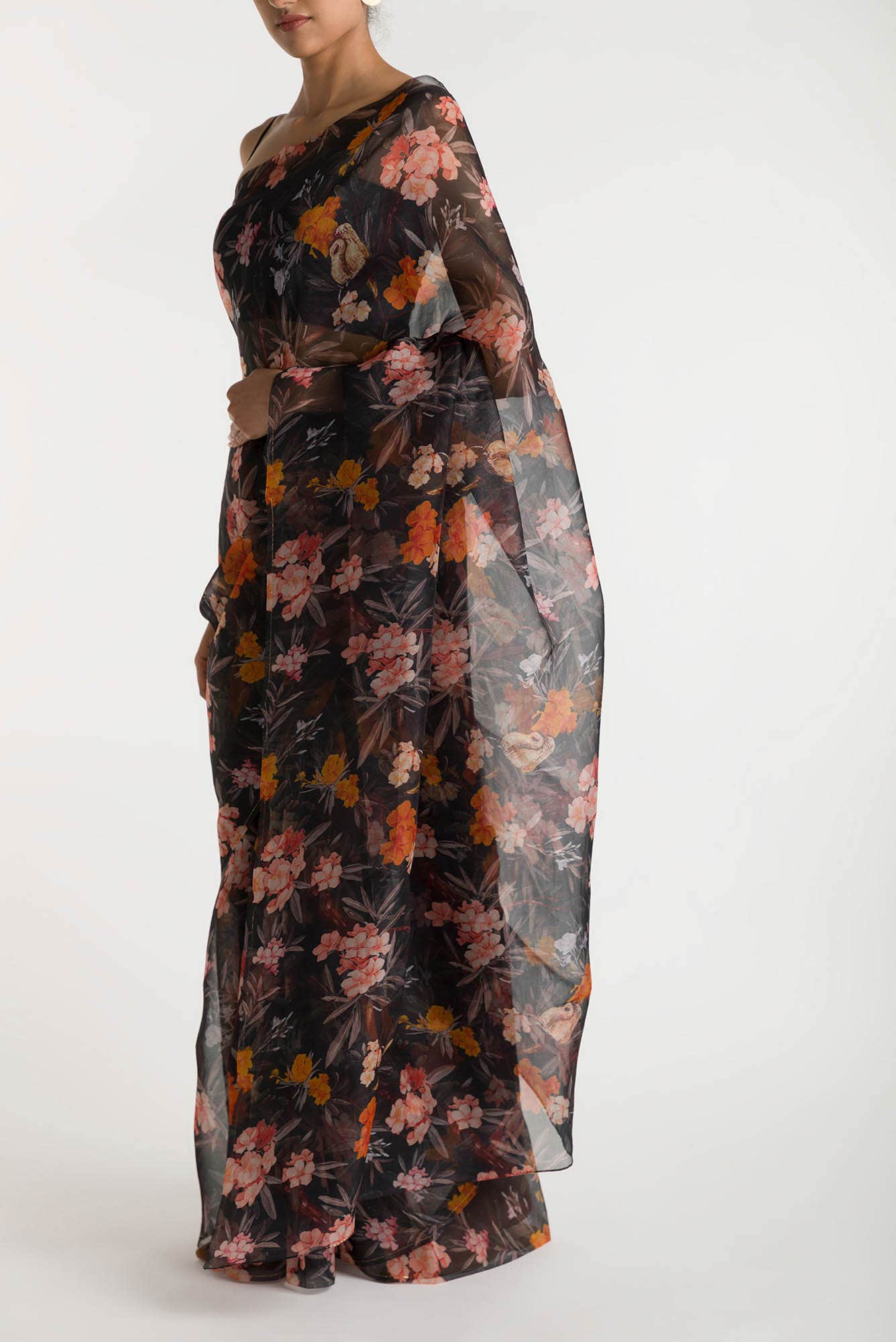 Tropical Parrots Black Pure Organza Silk Saree - Image 4