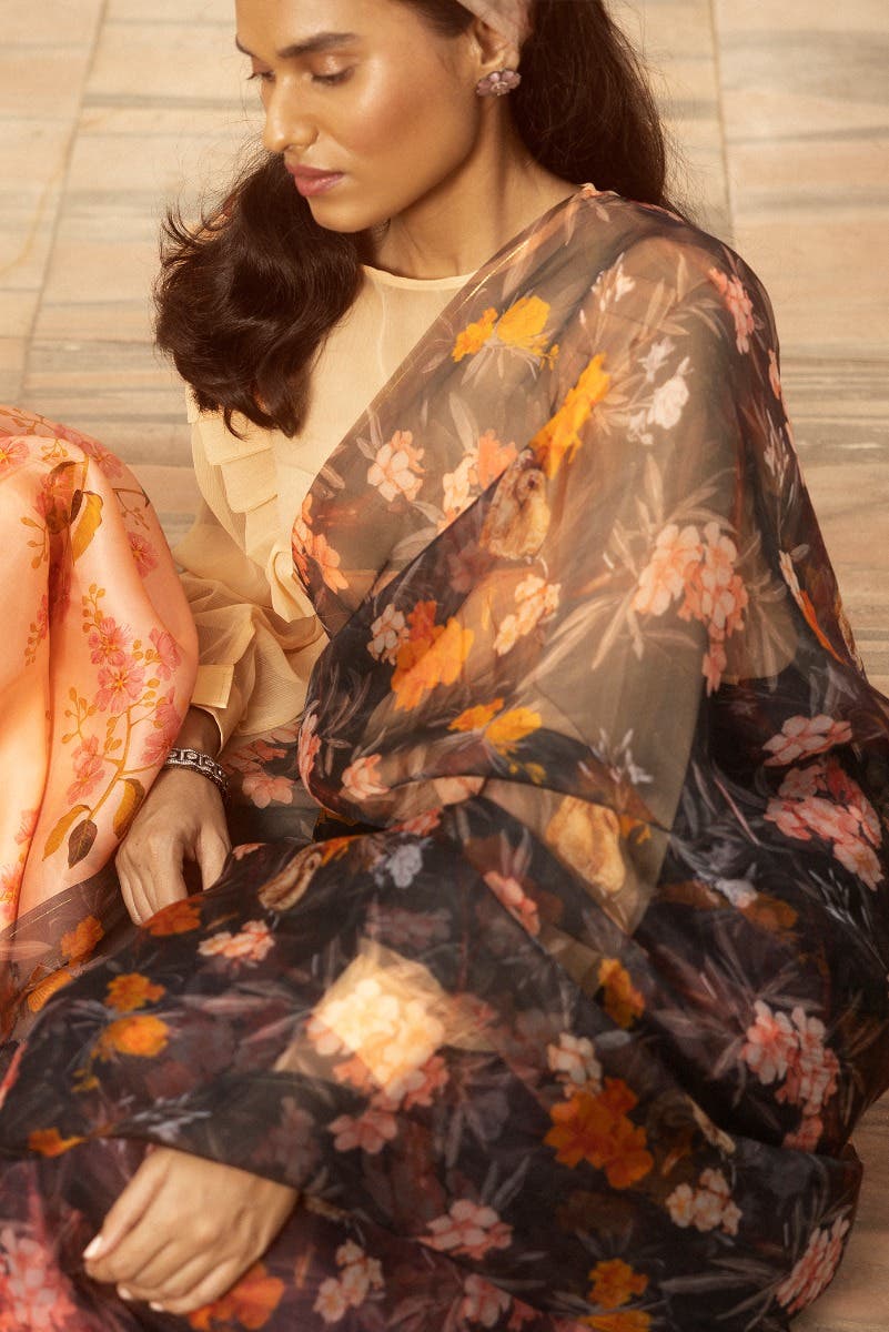 Tropical Parrots Black Pure Organza Silk Saree - Image 5