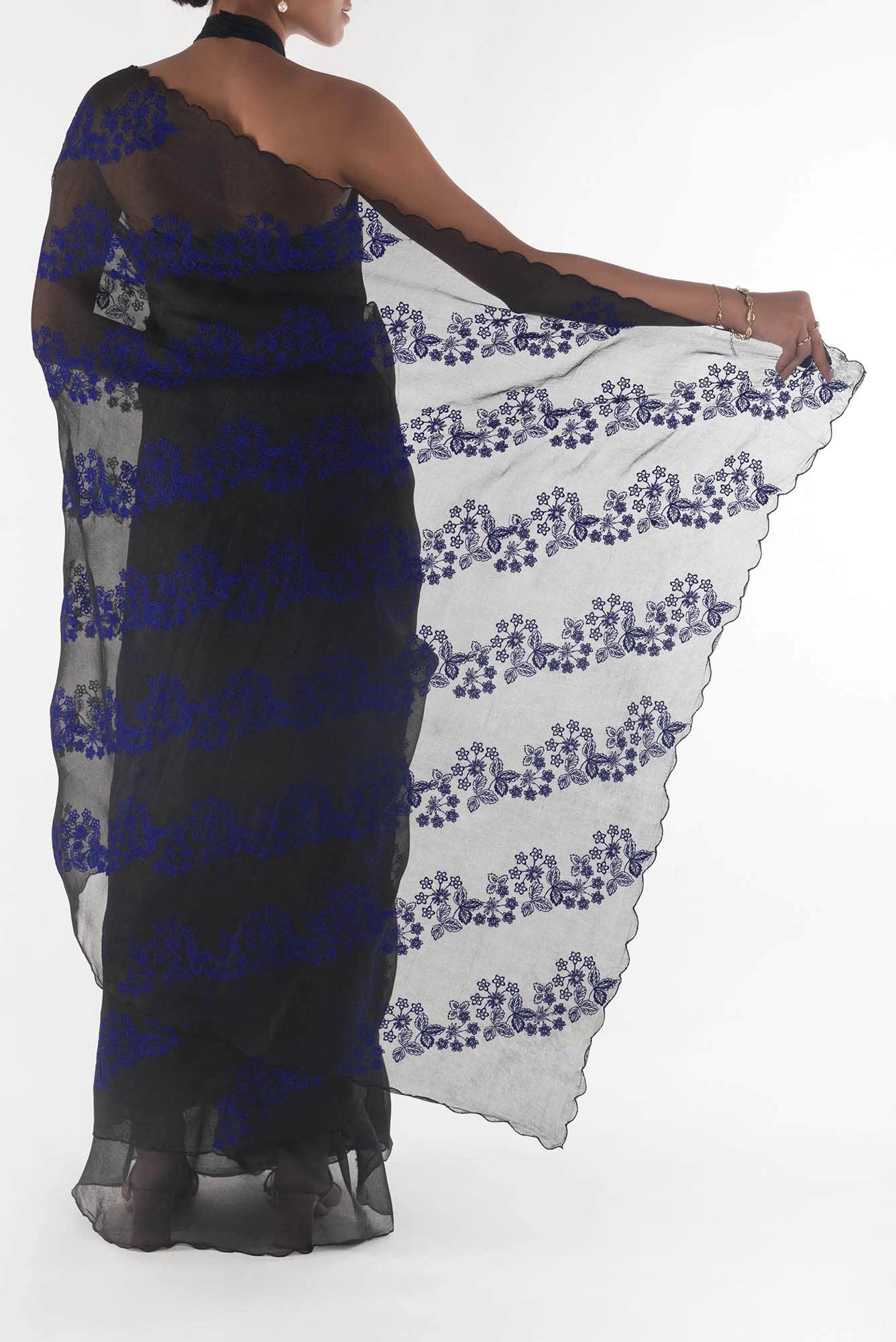 Bella Black floral design saree from Embroidered Romance Collection by Nalli - Image 5
