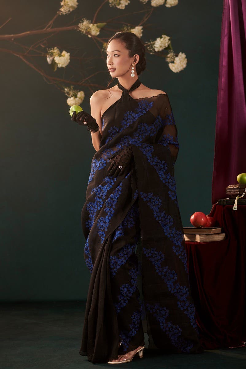 Bella Black floral design saree from Embroidered Romance Collection by Nalli - Image 8