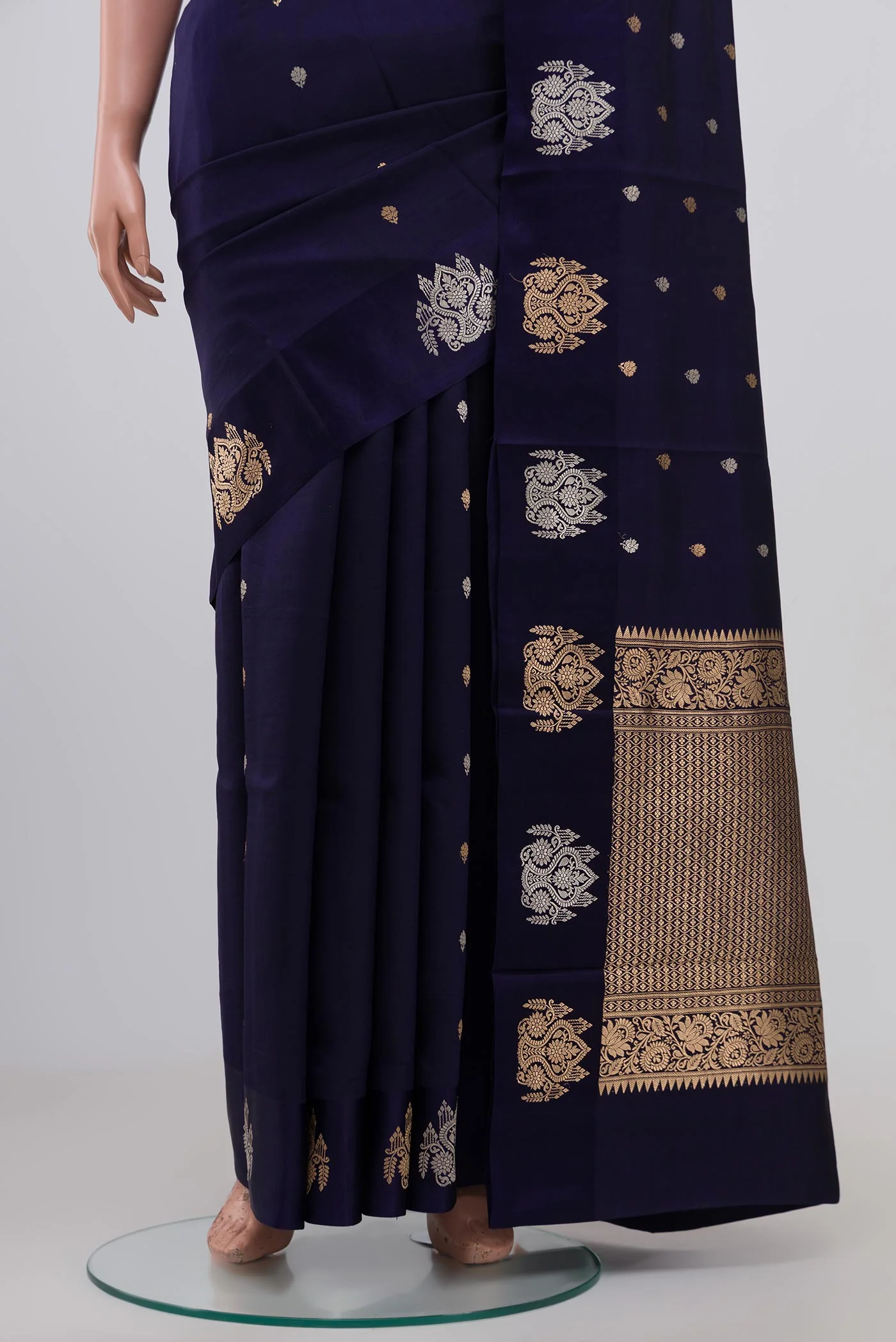 Navy Blue Banarasi Katan Silk Saree - Image 3