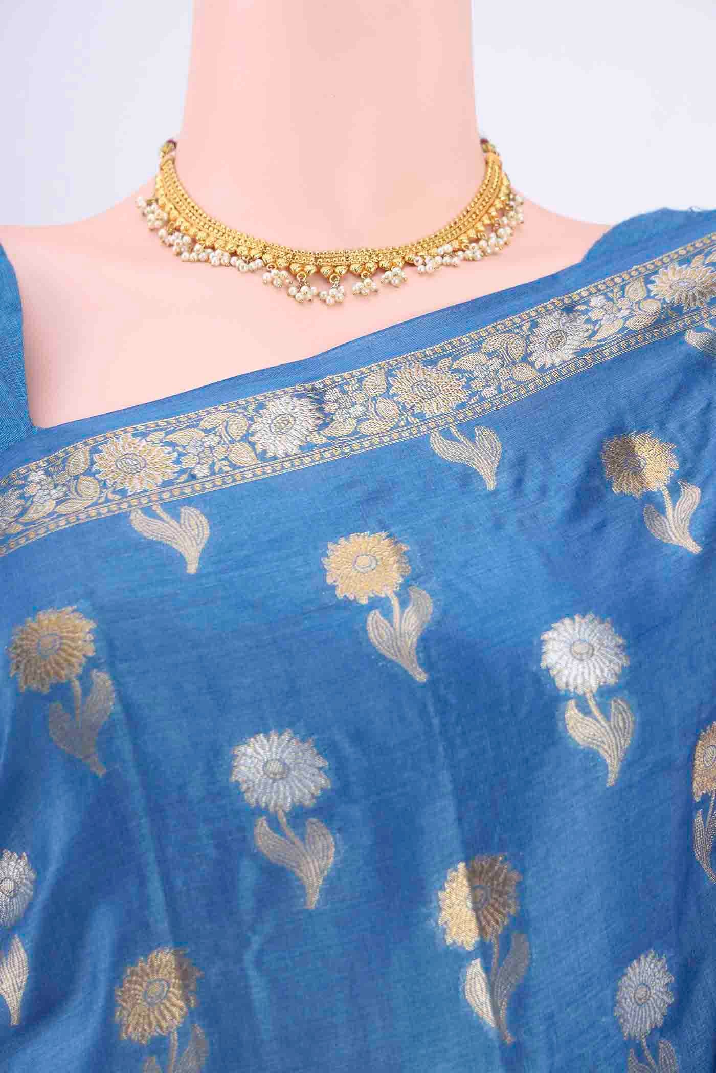 Blue Banarasi Tussar Silk Saree - Image 2