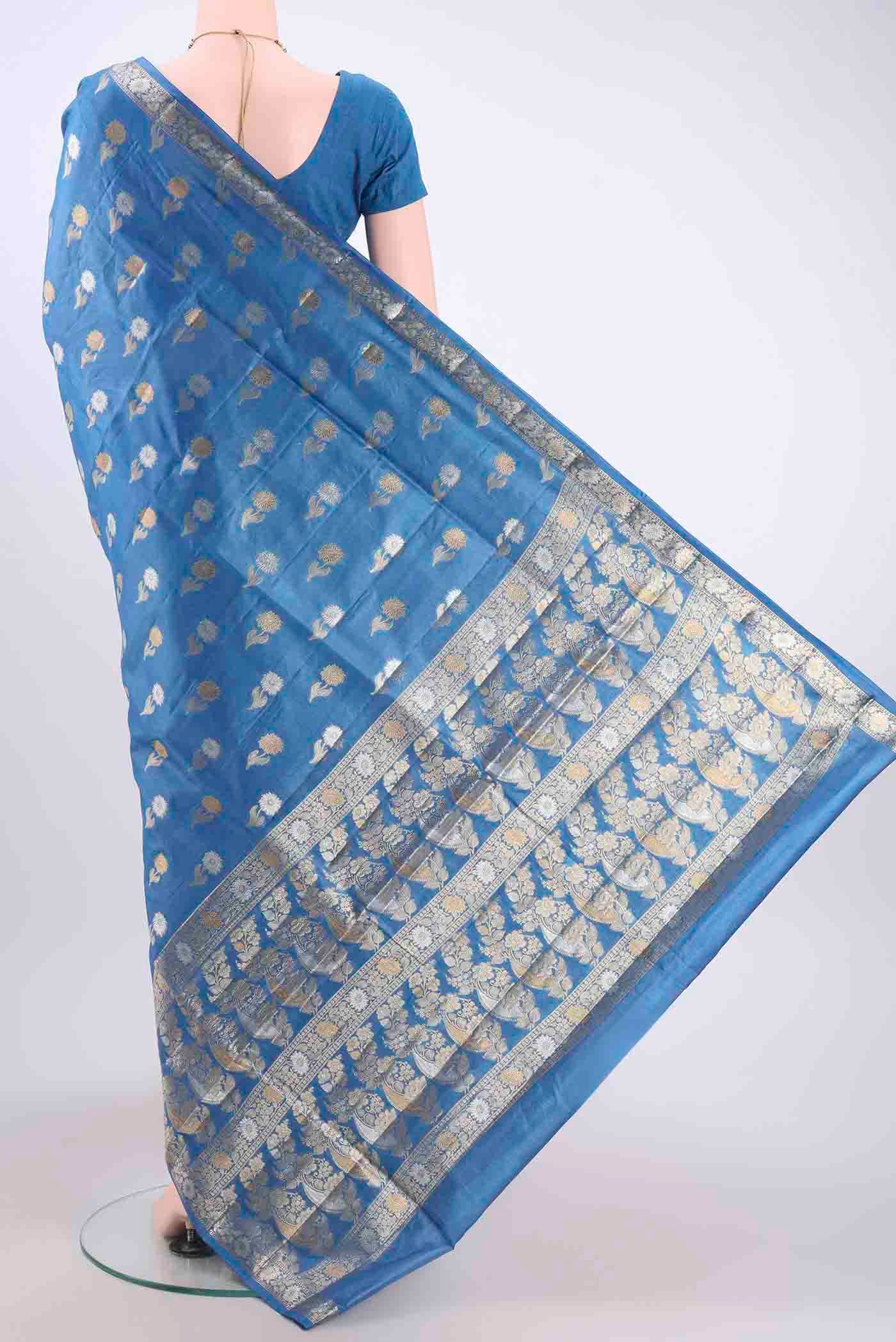 Blue Banarasi Tussar Silk Saree - Image 3
