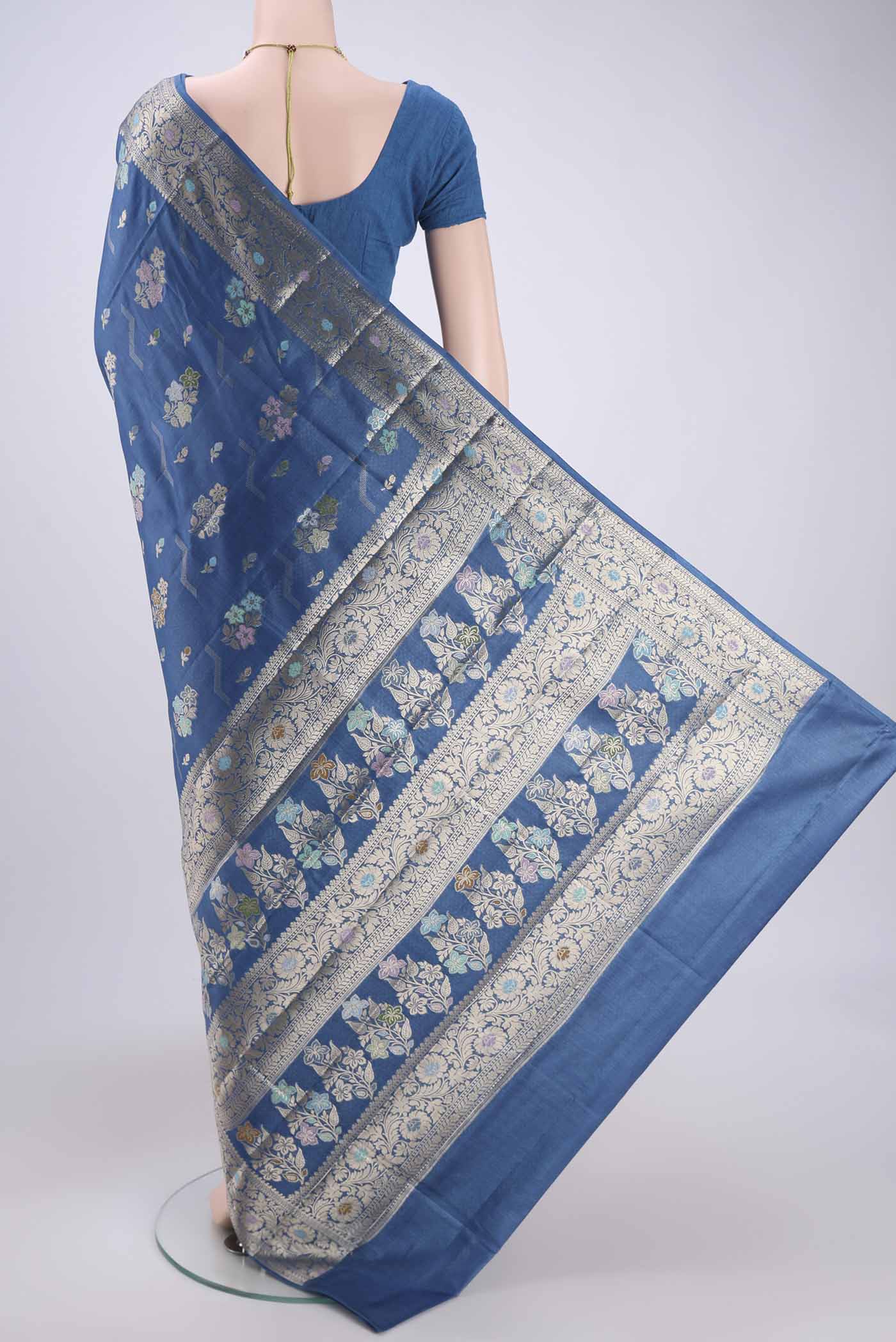 Blue Banarasi Tussar Silk Saree - Image 3