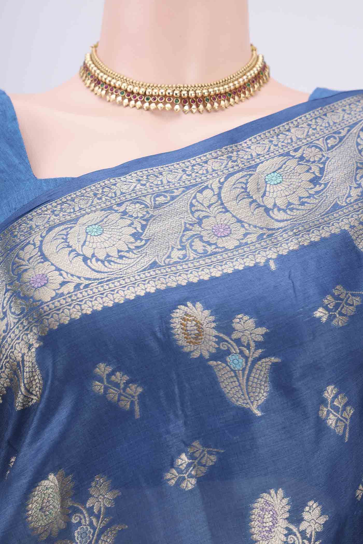Blue Banarasi Tussar Silk Saree - Image 2