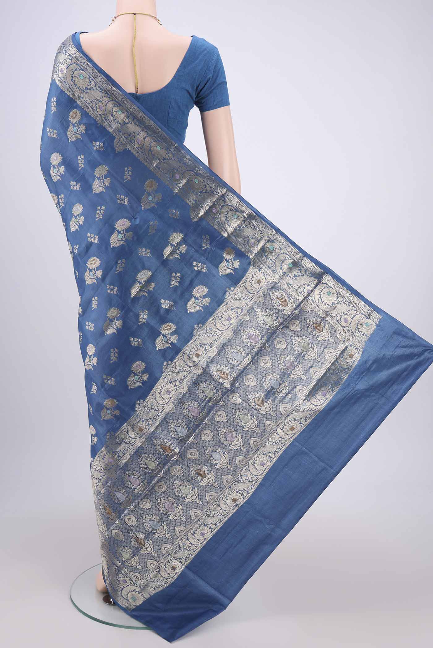 Blue Banarasi Tussar Silk Saree - Image 3