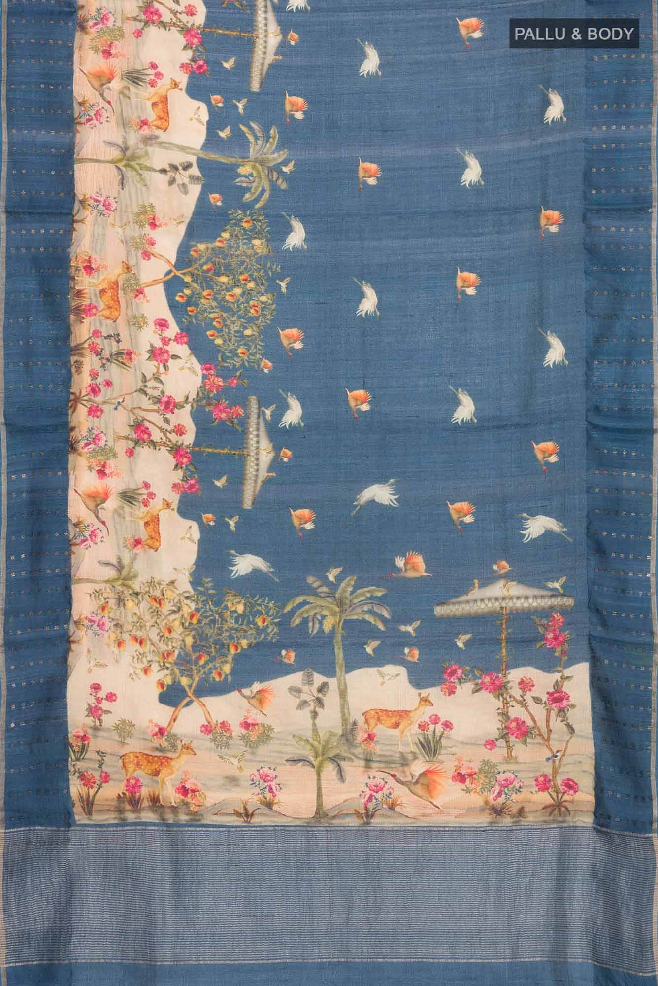 Blue Bhagalpuri Tussar Silk Saree - Image 3