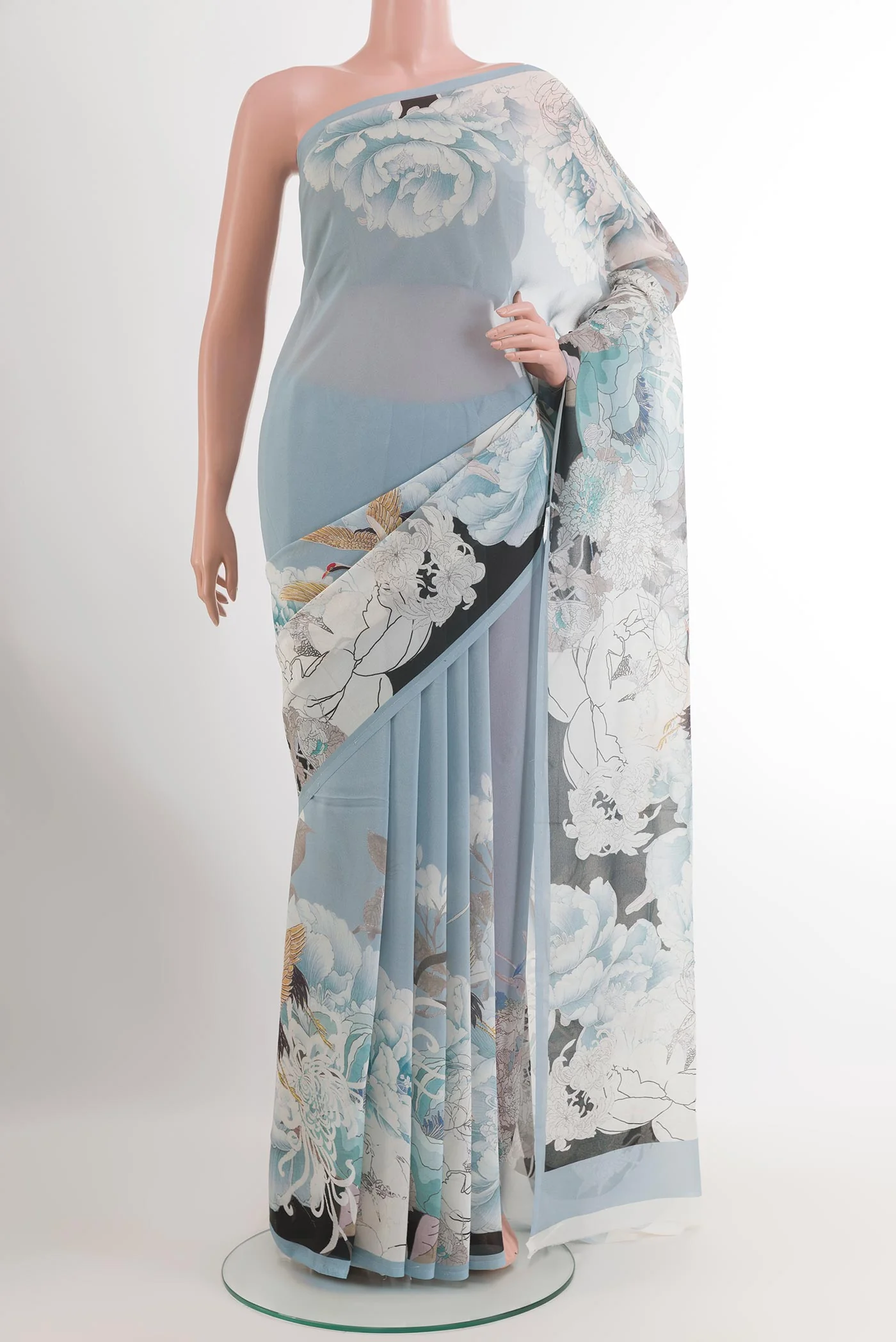 Blue Grey Mysore Georgette Saree