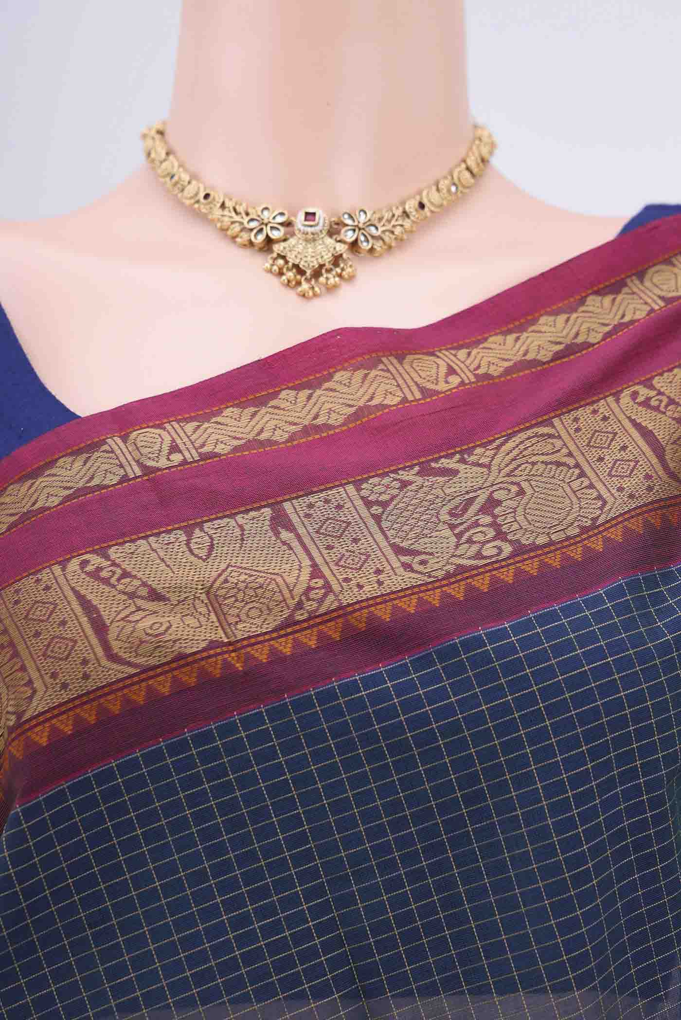 Blue Coimbatore Cotton Saree - Image 2